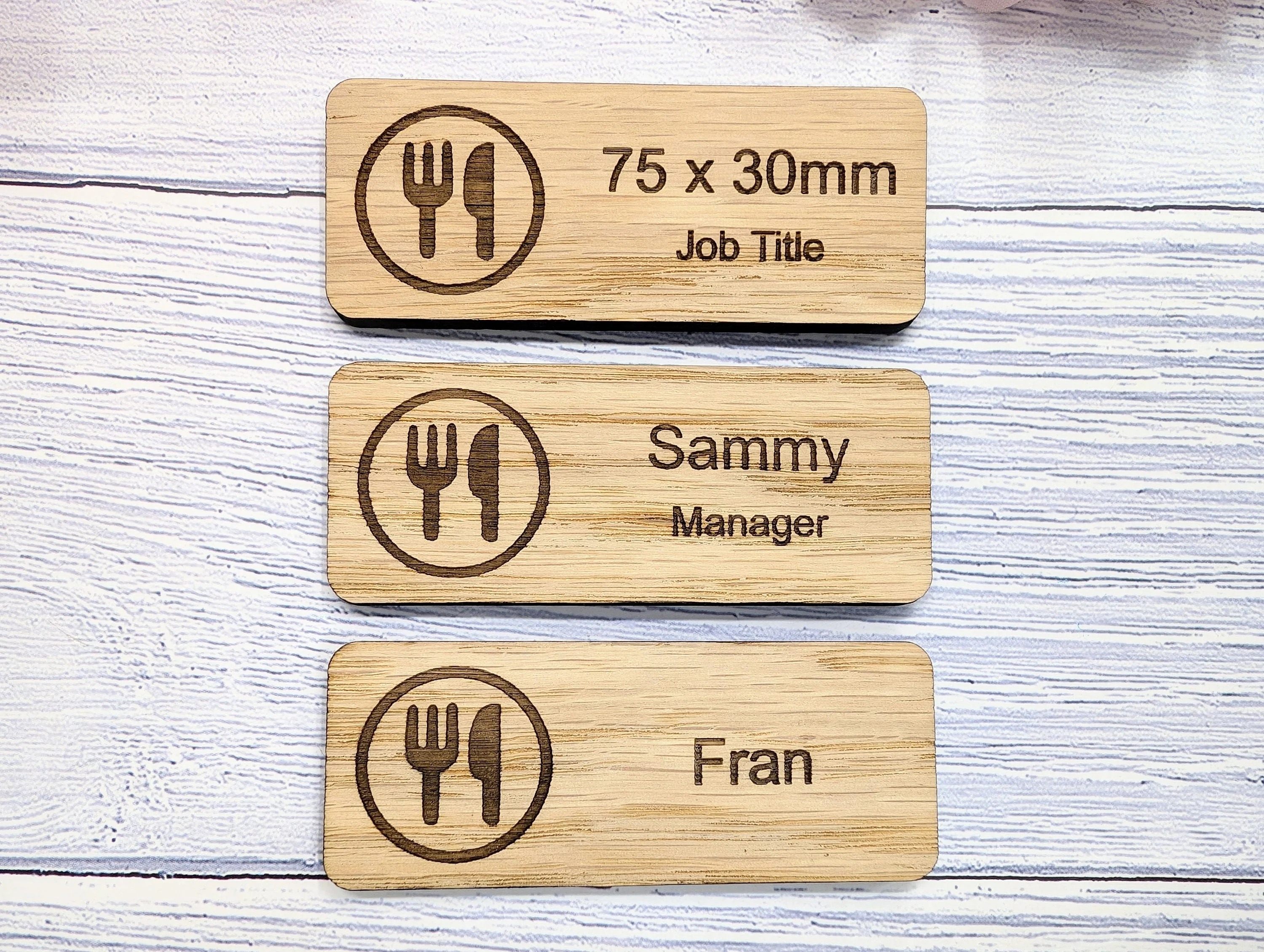 Custom Cafe & Restaurant Name Badges - 75x30mm, Eco Oak MDF, Chef/Coffee Graphics, Magnet/Pin, Personalized Staff Tags - Image 5