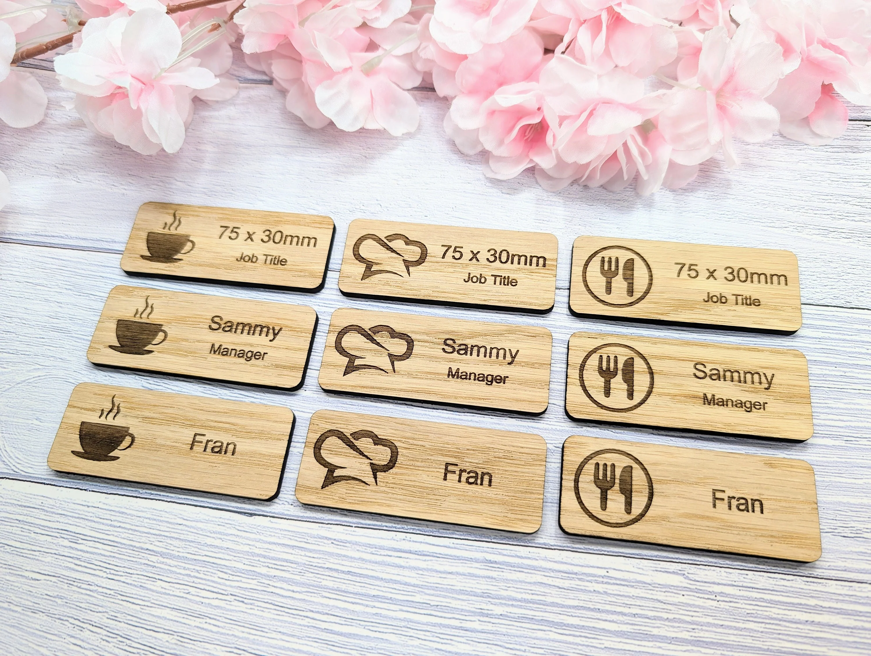 Custom Cafe & Restaurant Name Badges - 75x30mm, Eco Oak MDF, Chef/Coffee Graphics, Magnet/Pin, Personalized Staff Tags - Image 6