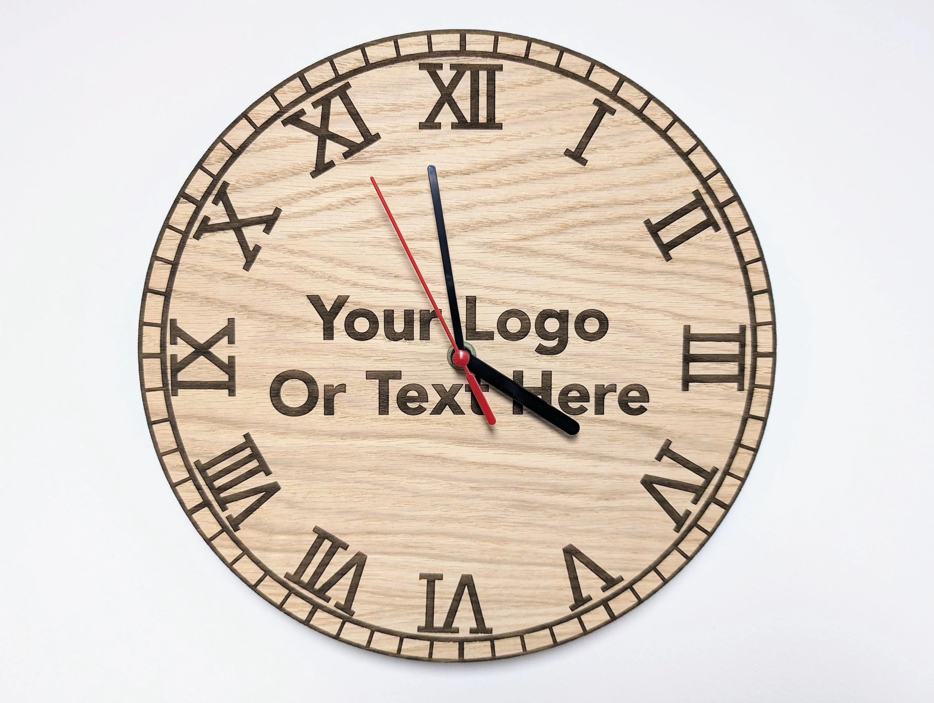 Custom Engraved Wooden Wall Clock - Personalised Text & Logo - 30cm - Image 3