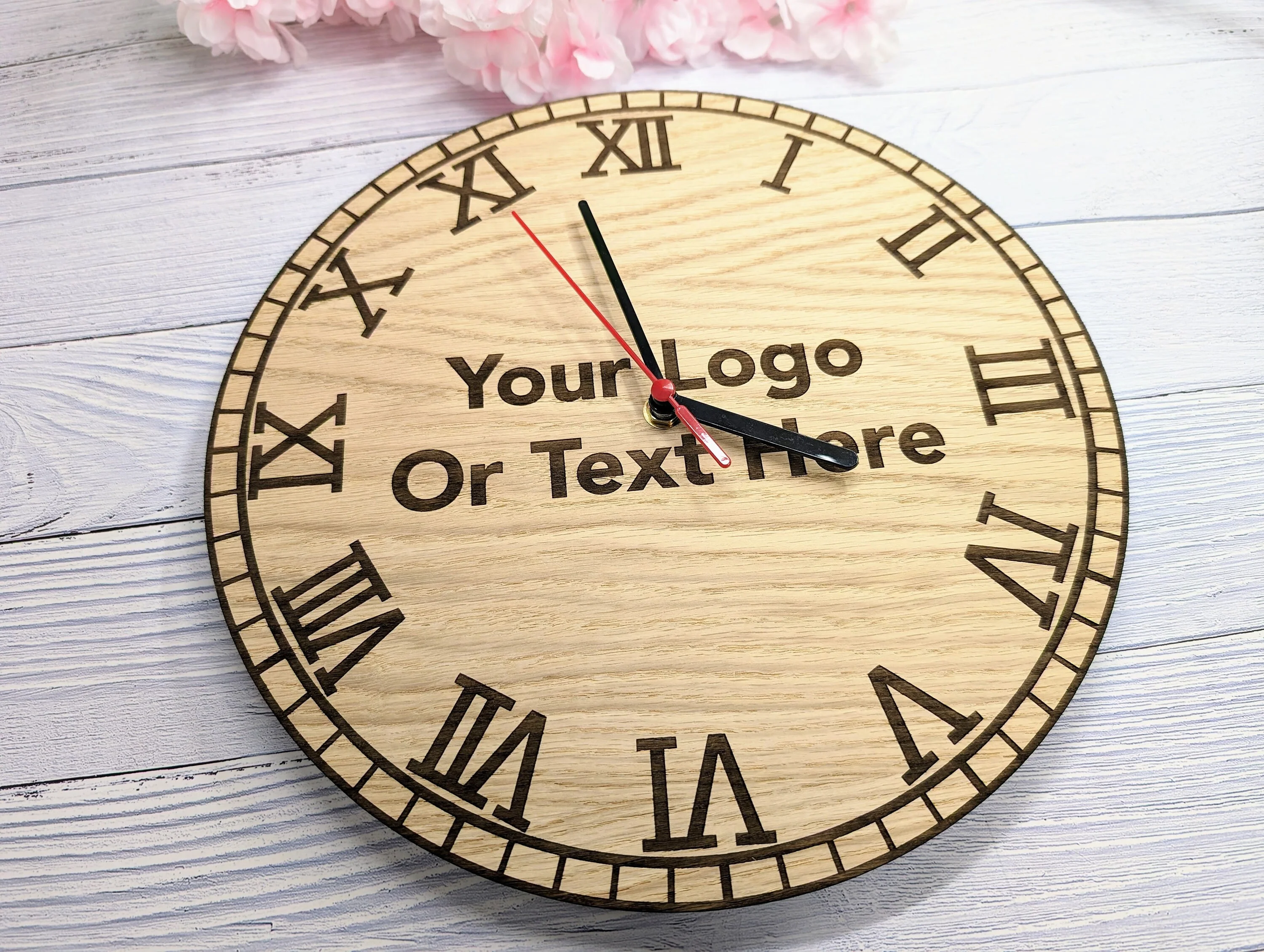 Custom Engraved Wooden Wall Clock - Personalised Text & Logo - 30cm - Image 9