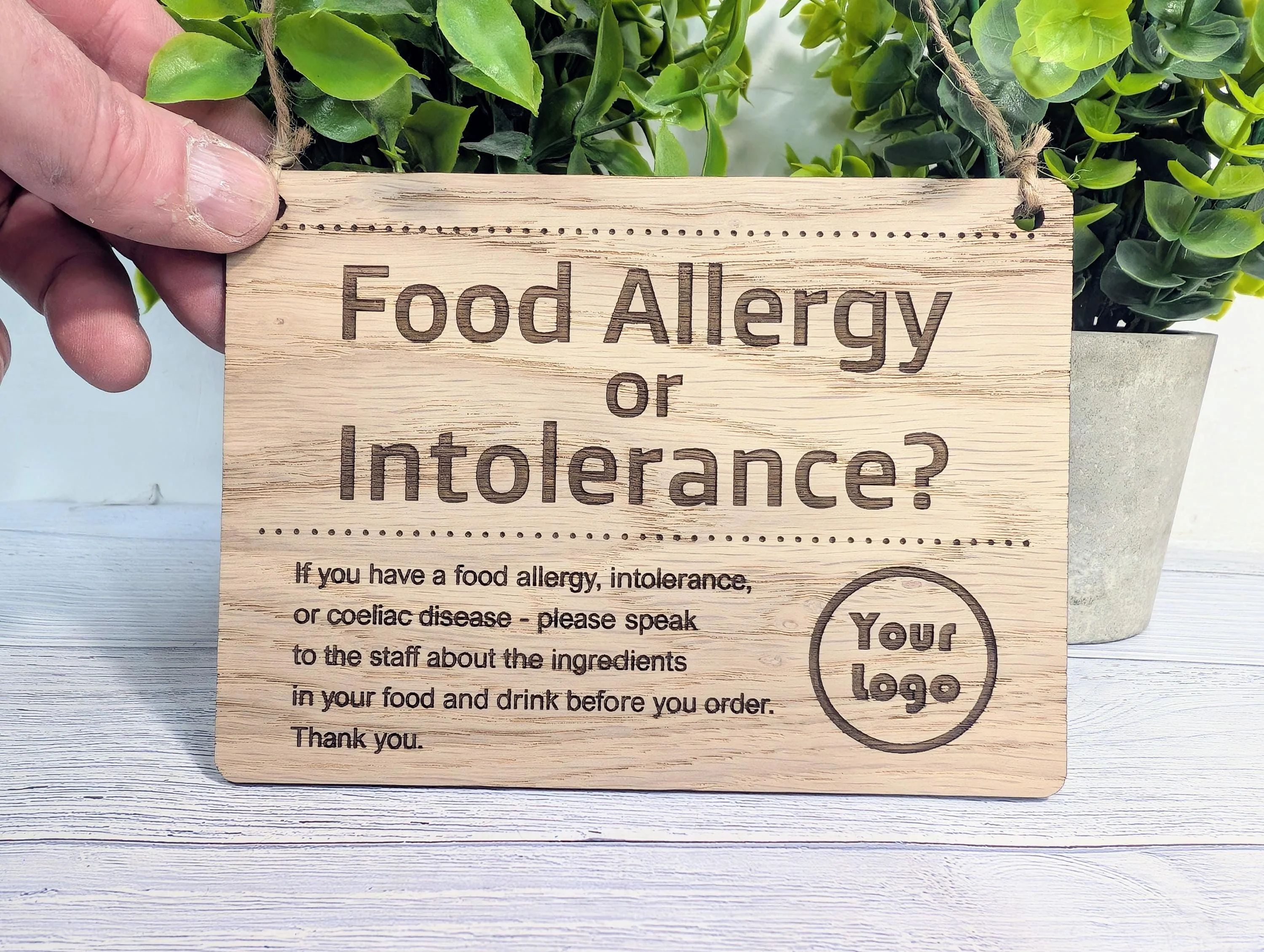 Custom Food Allergy Sign – Solid Oak Safety Notice for Menus or Counters – Wooden Café Sign – Handmade in Wales – 4 Sizes Available