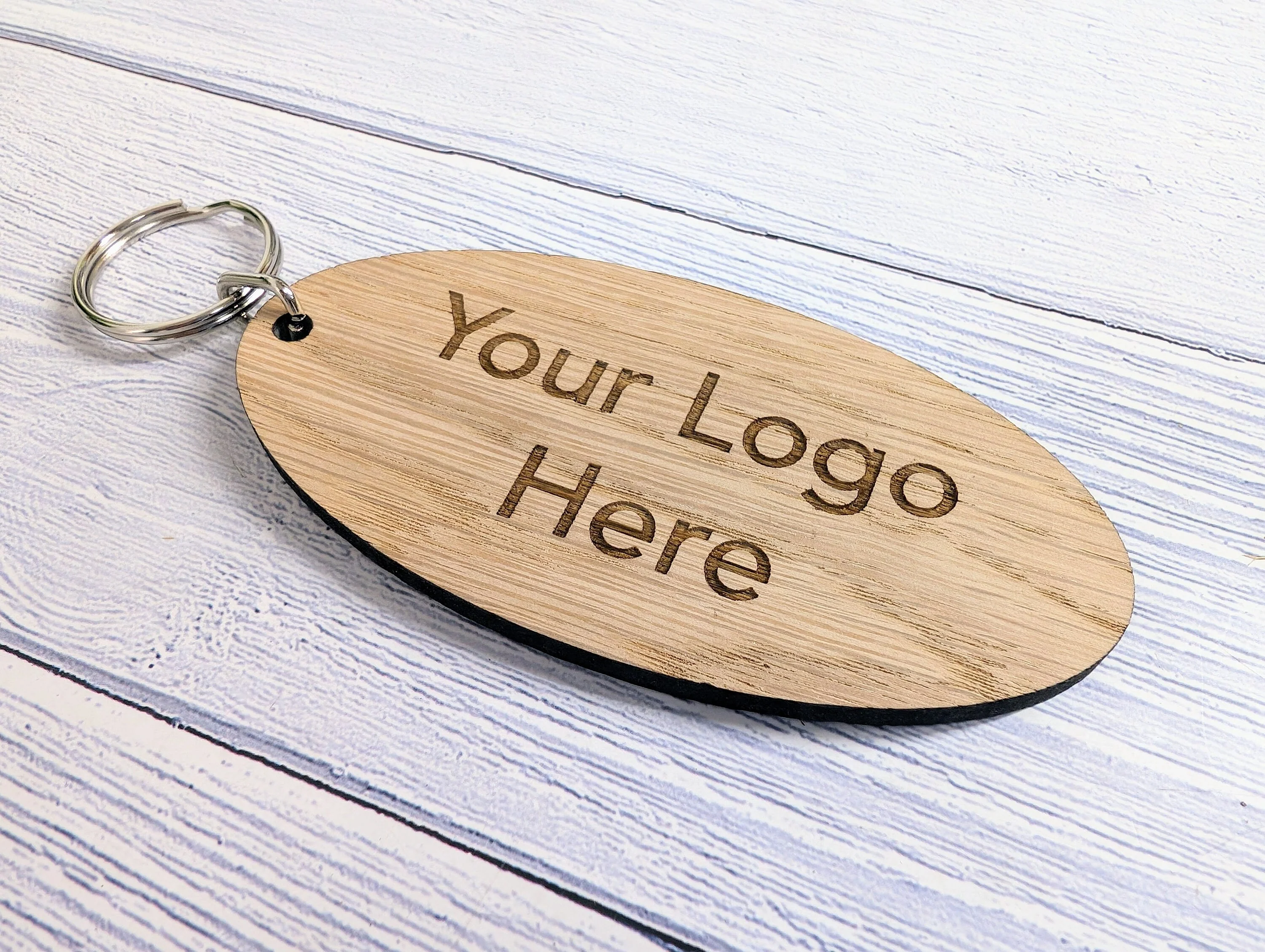 Custom Logo Double Sided Wooden Keyrings for Businesses, Charities & Clubs - Eco-Friendly Oak, Personalised, 100mm x 50mm Oval - Image 2