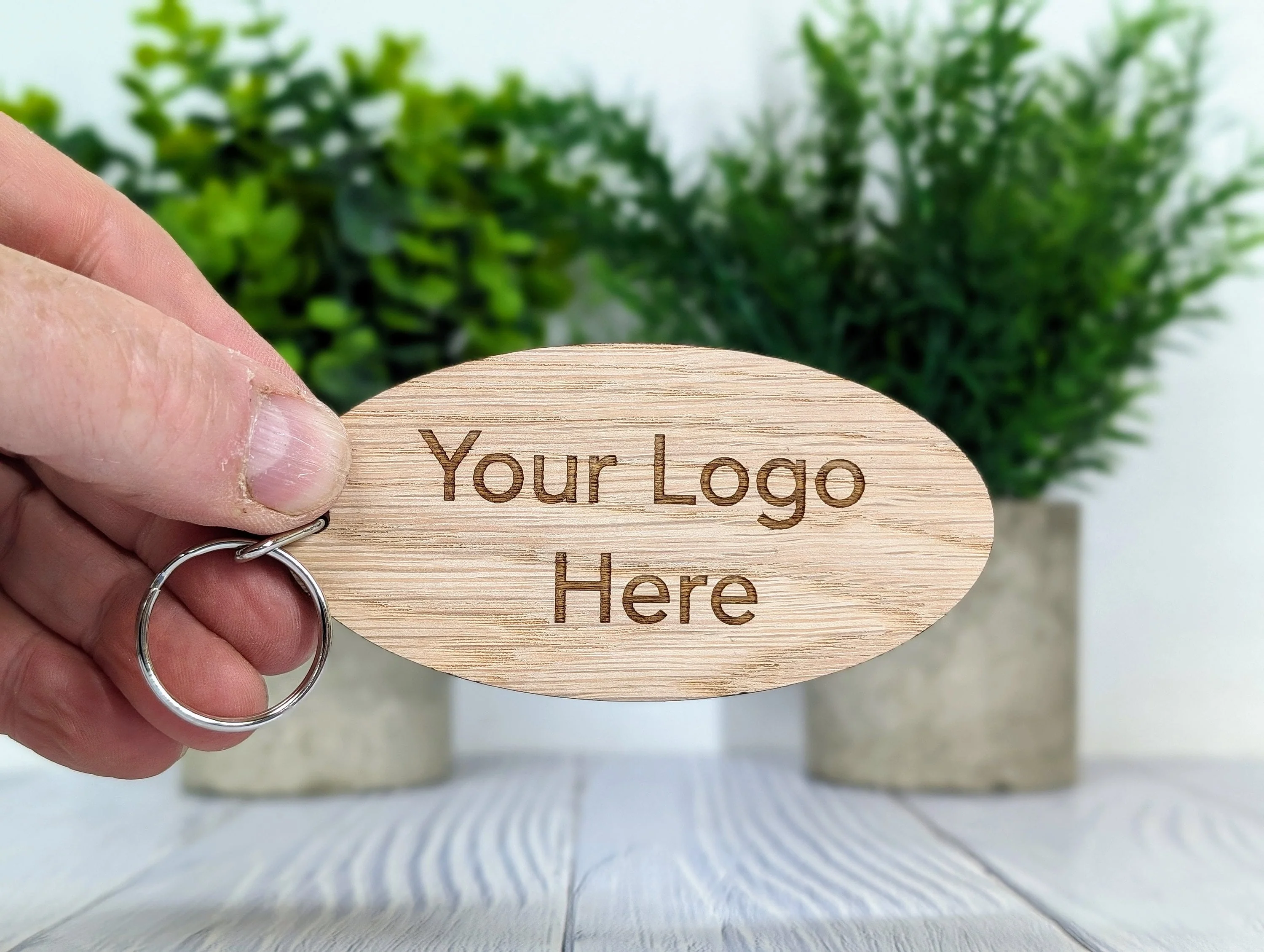 Custom Logo Wooden Keyrings - Eco-Friendly Oak, 100mm x 50mm Oval - Image 2