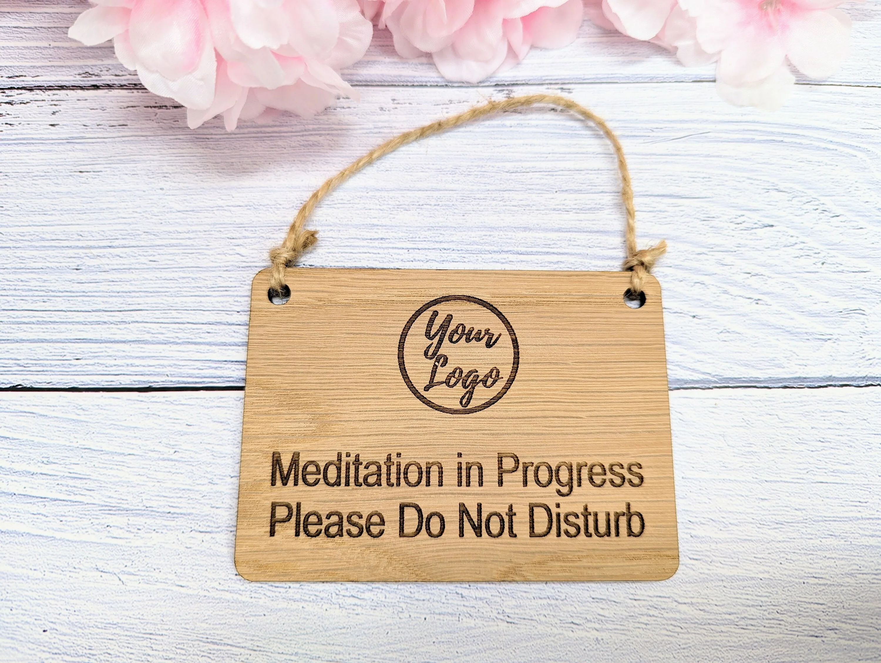 Custom "Meditation in Progress, Please Do Not Disturb" Door Sign for Businesses | Add Your Logo | Oak Veneer | Office Wellness