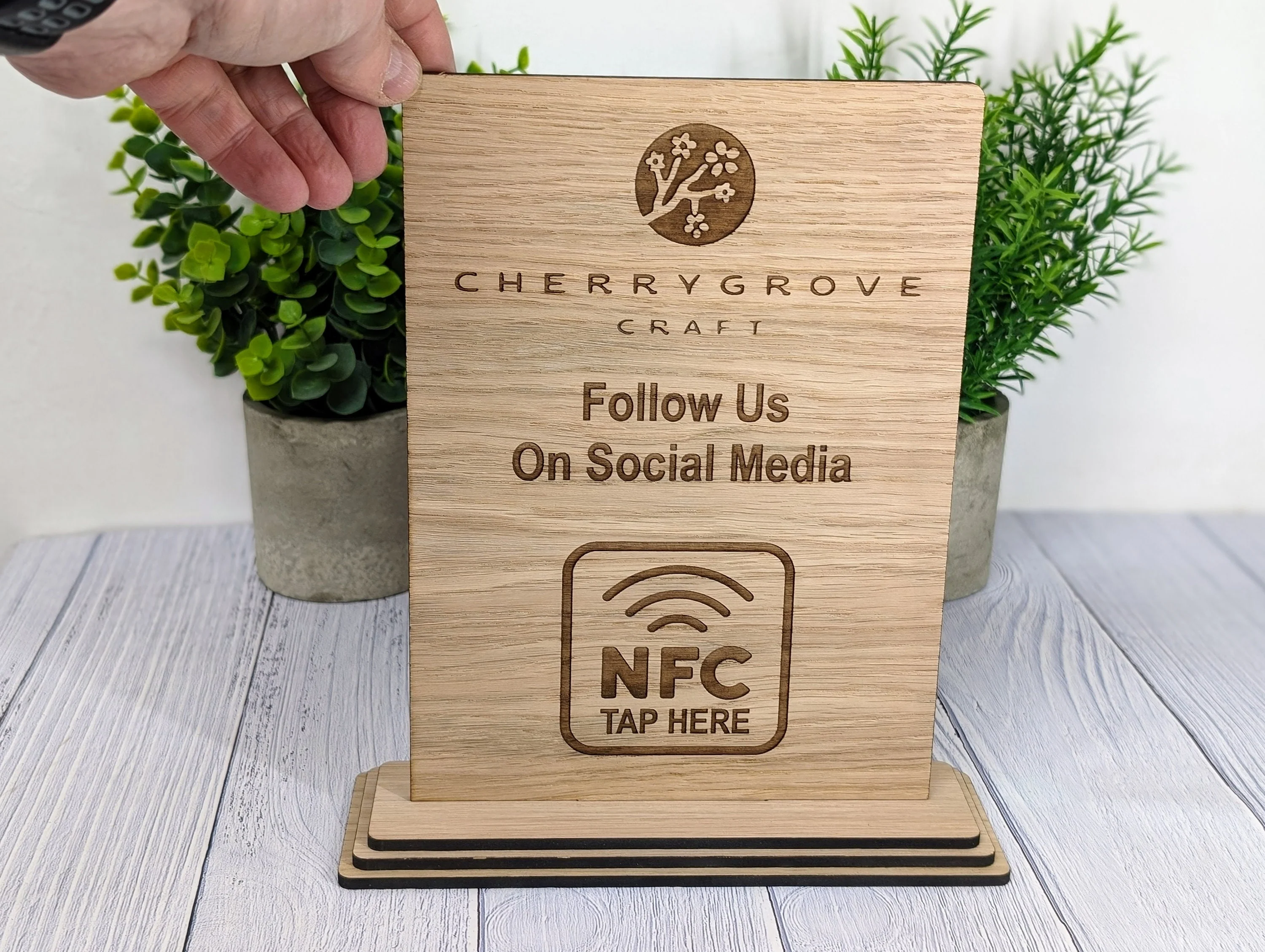 Custom NFC 'Tap to Follow Us' Wooden Sign - Personalised Social Media Links, Eco-Friendly, Freestanding, XL Size, Table Signage Extra Large - Image 3