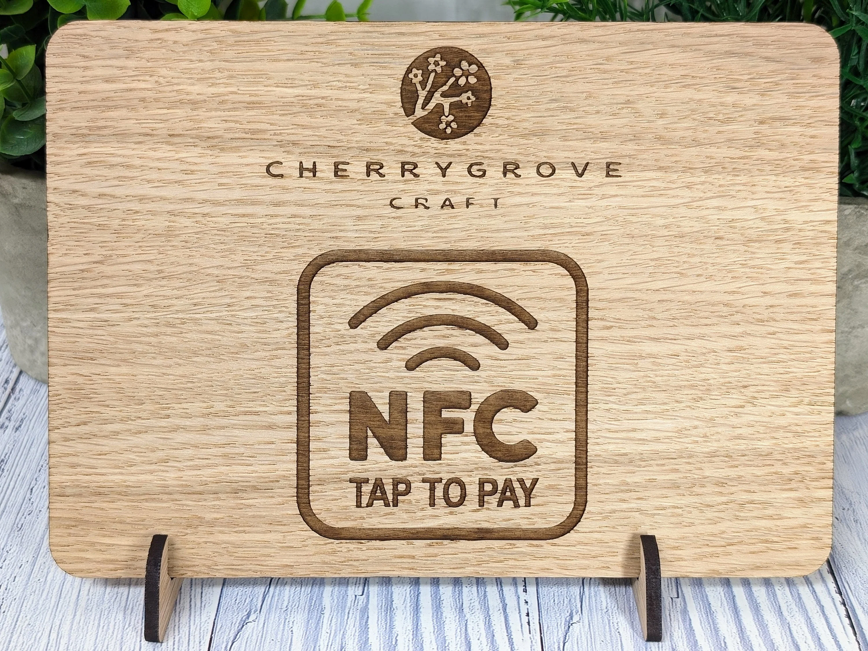 Custom NFC 'Tap to Pay' Wooden Sign - Personalised Logo, Eco-Friendly, Handmade in Wales, Oak Veneered Sign with Optional Stand - Image 2