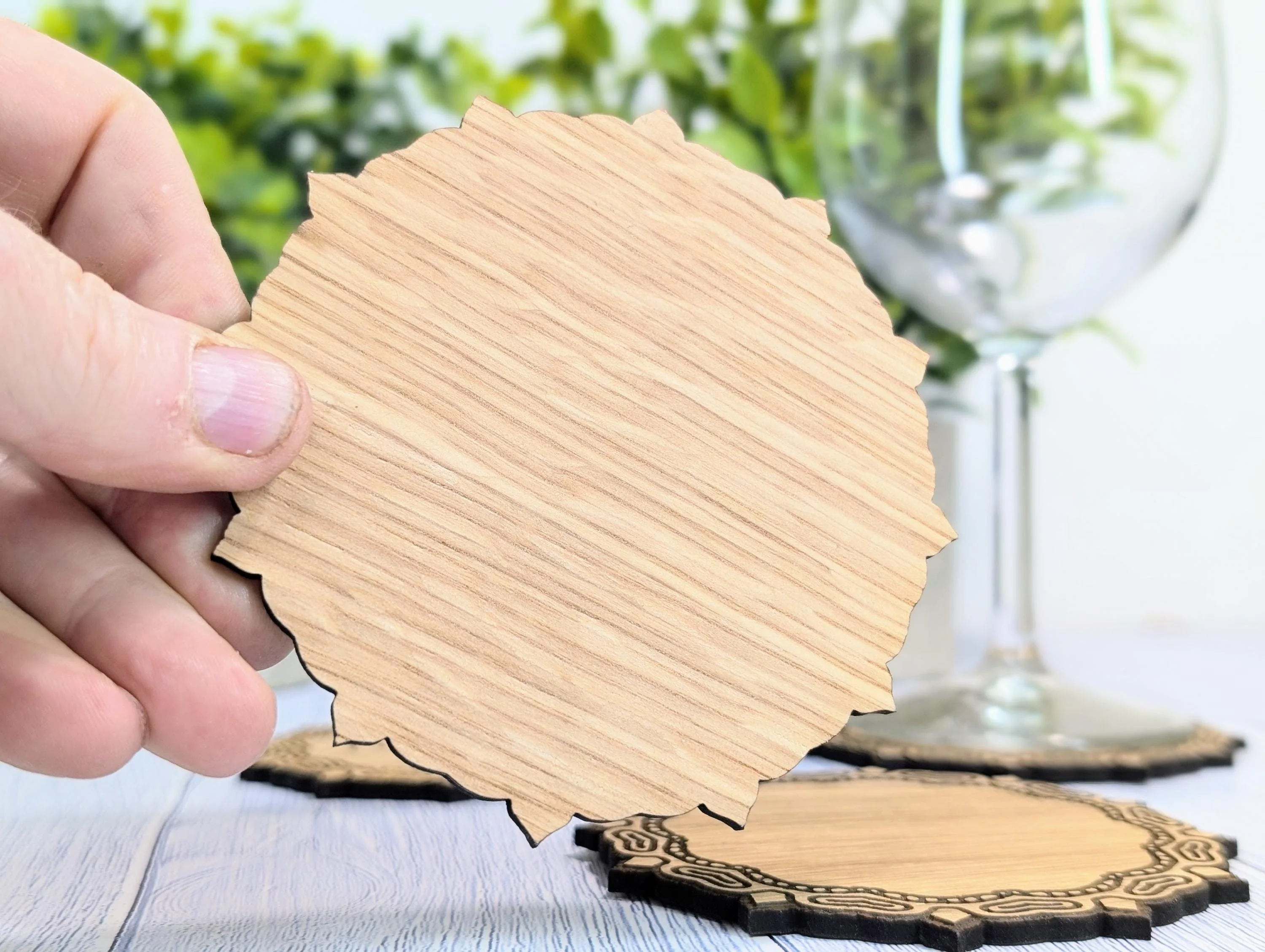 Custom Oak Coasters - Personalised Text – Eco-Friendly Gift, Your Own Message, Engraved Border – Bespoke Sustainable Craft, 110mm Diameter - Image 3