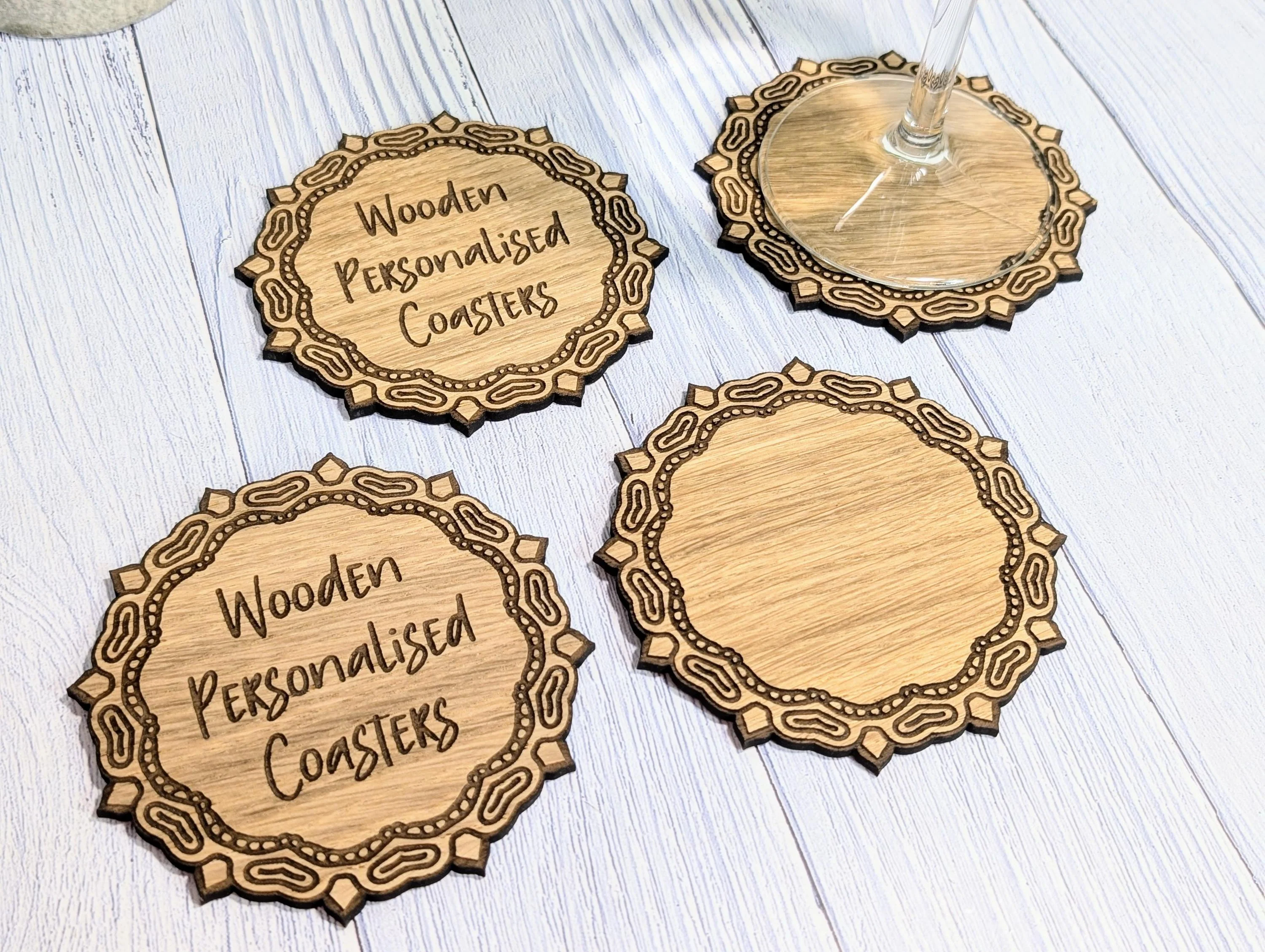 Custom Oak Coasters - Personalised Text – Eco-Friendly Gift, Your Own Message, Engraved Border – Bespoke Sustainable Craft, 110mm Diameter - Image 4