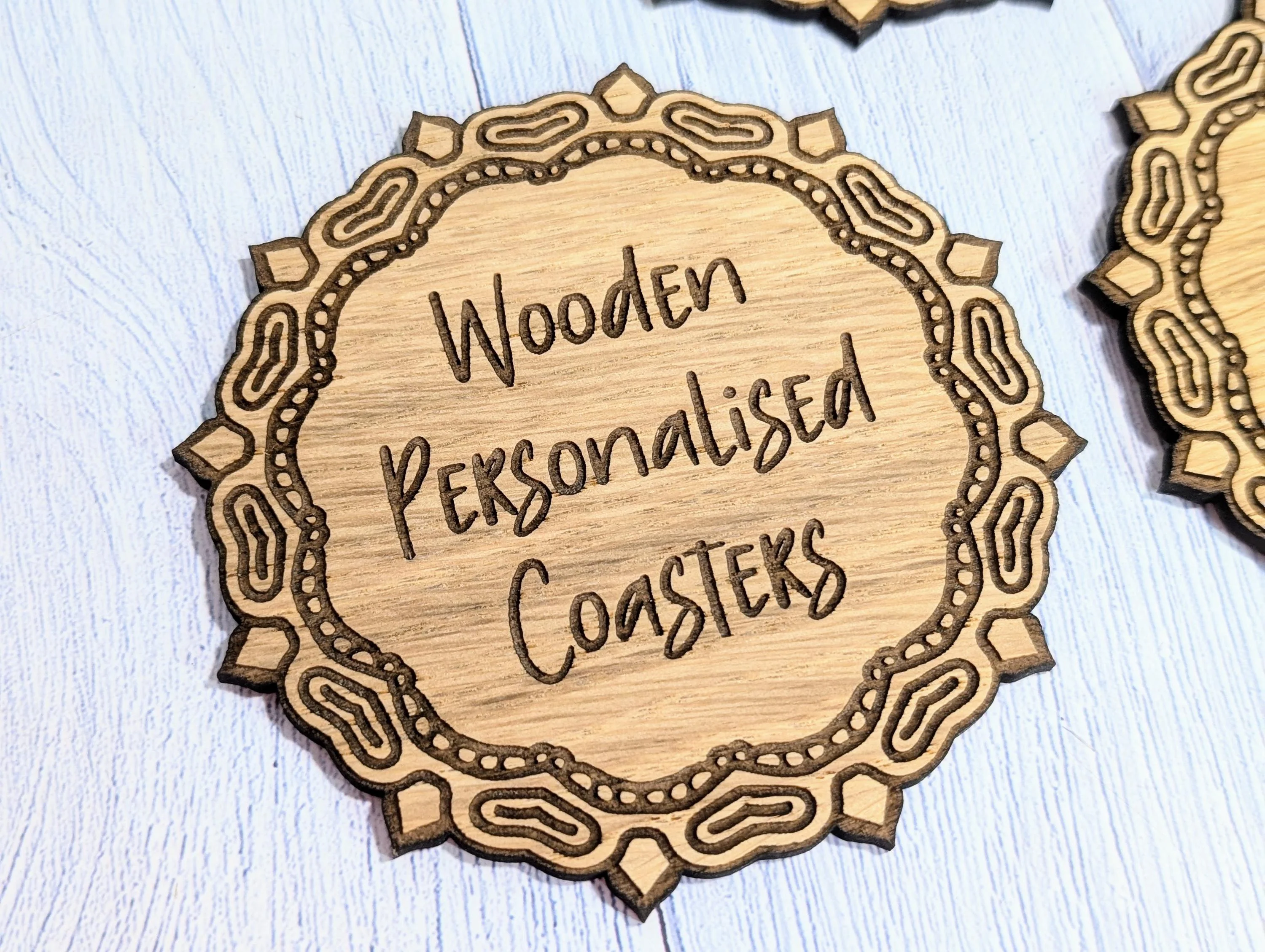 Custom Oak Coasters - Personalised Text – Eco-Friendly Gift, Your Own Message, Engraved Border – Bespoke Sustainable Craft, 110mm Diameter - Image 5