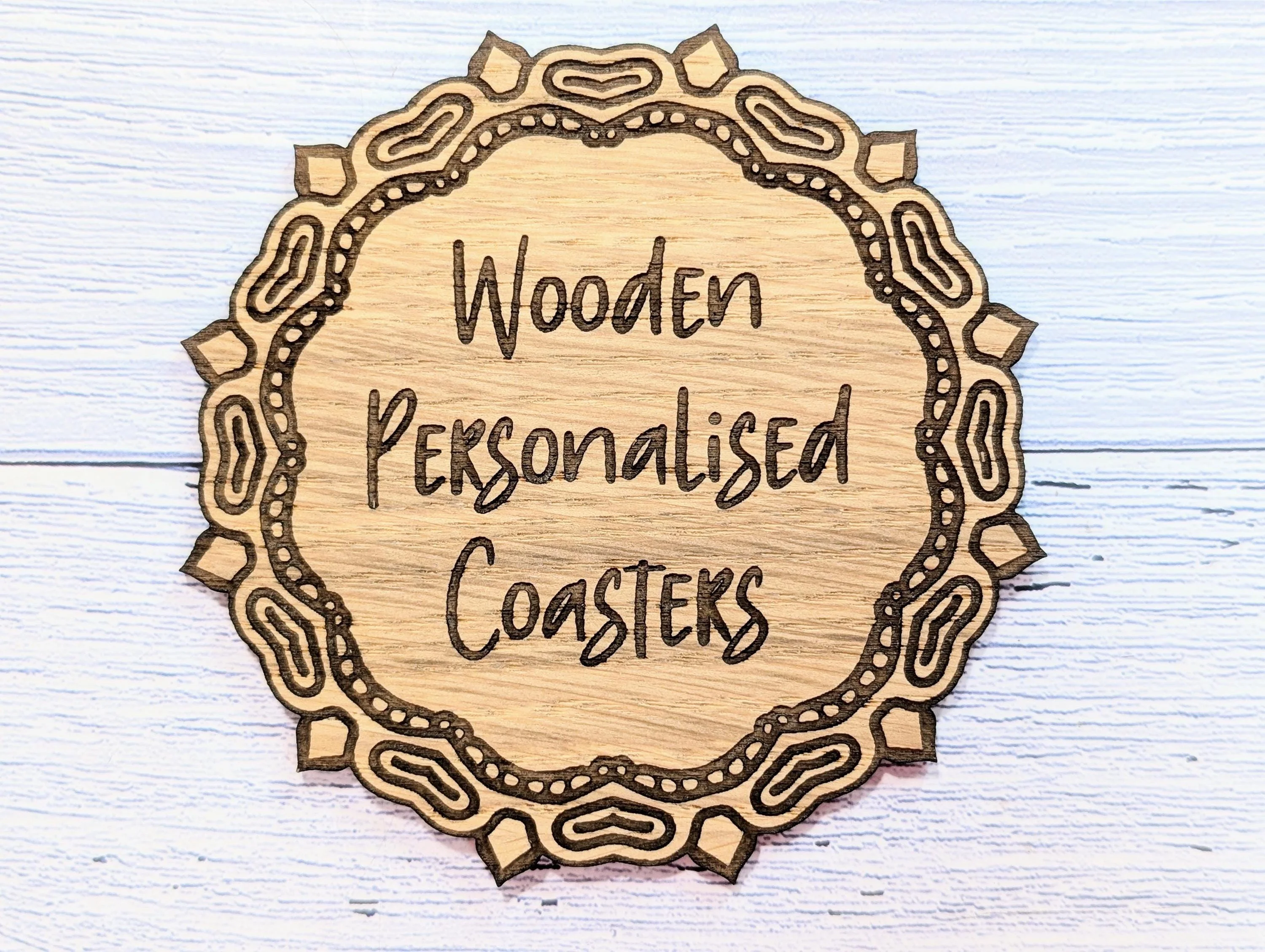 Custom Oak Coasters - Personalised Text – Eco-Friendly Gift, Your Own Message, Engraved Border – Bespoke Sustainable Craft, 110mm Diameter - Image 6