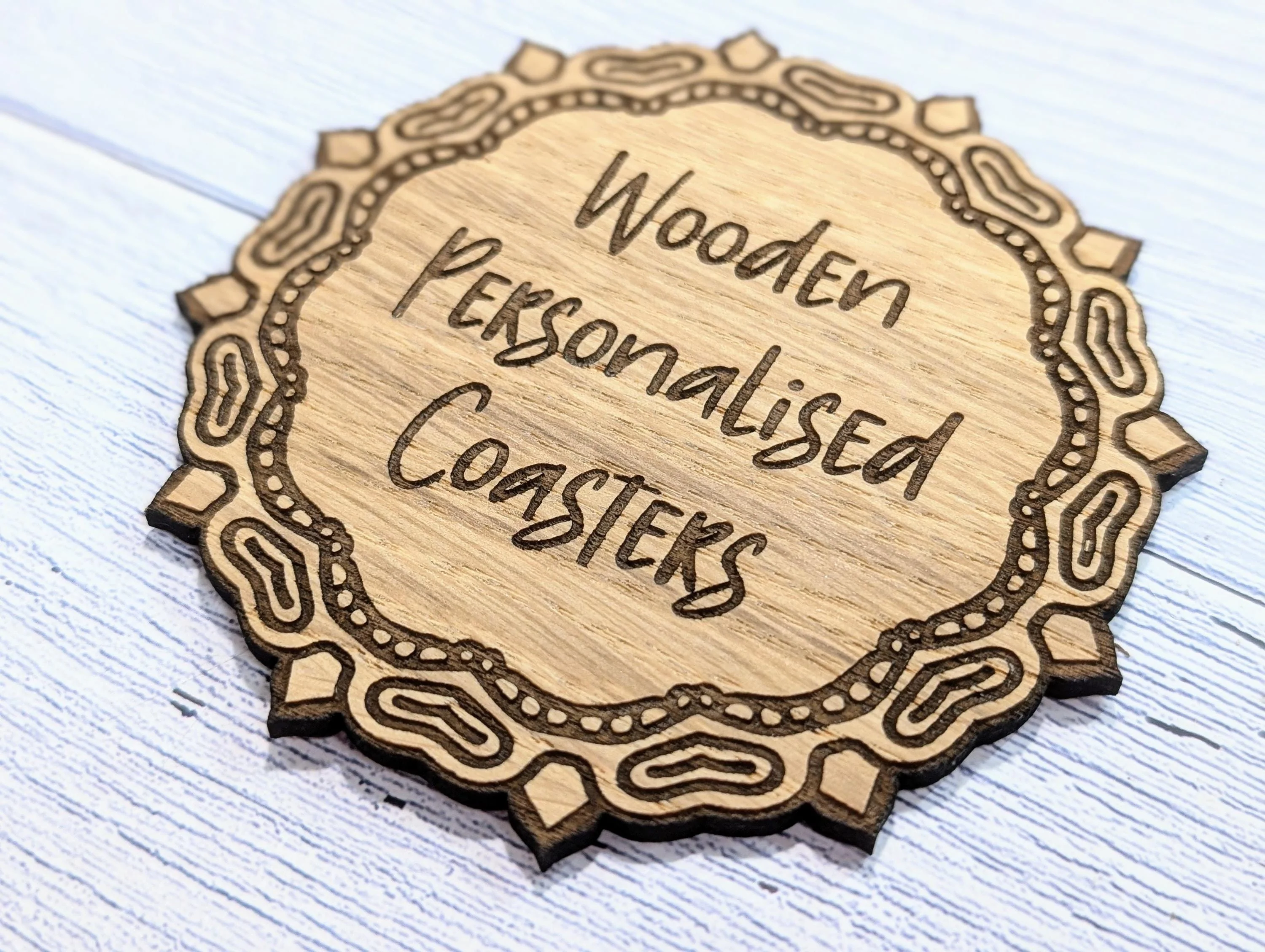 Custom Oak Coasters - Personalised Text – Eco-Friendly Gift, Your Own Message, Engraved Border – Bespoke Sustainable Craft, 110mm Diameter - Image 9