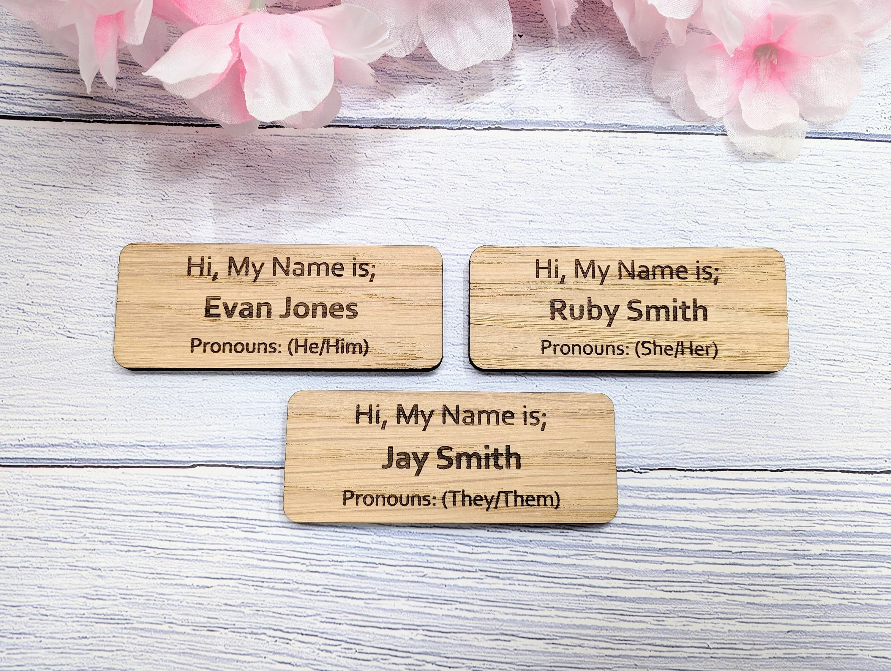 Pronoun Oak Name Badges - Custom, Inclusive & Personalised, Pin/Magnet | Eco-Friendly, He/She/They - Respectful Workplace Accessory
