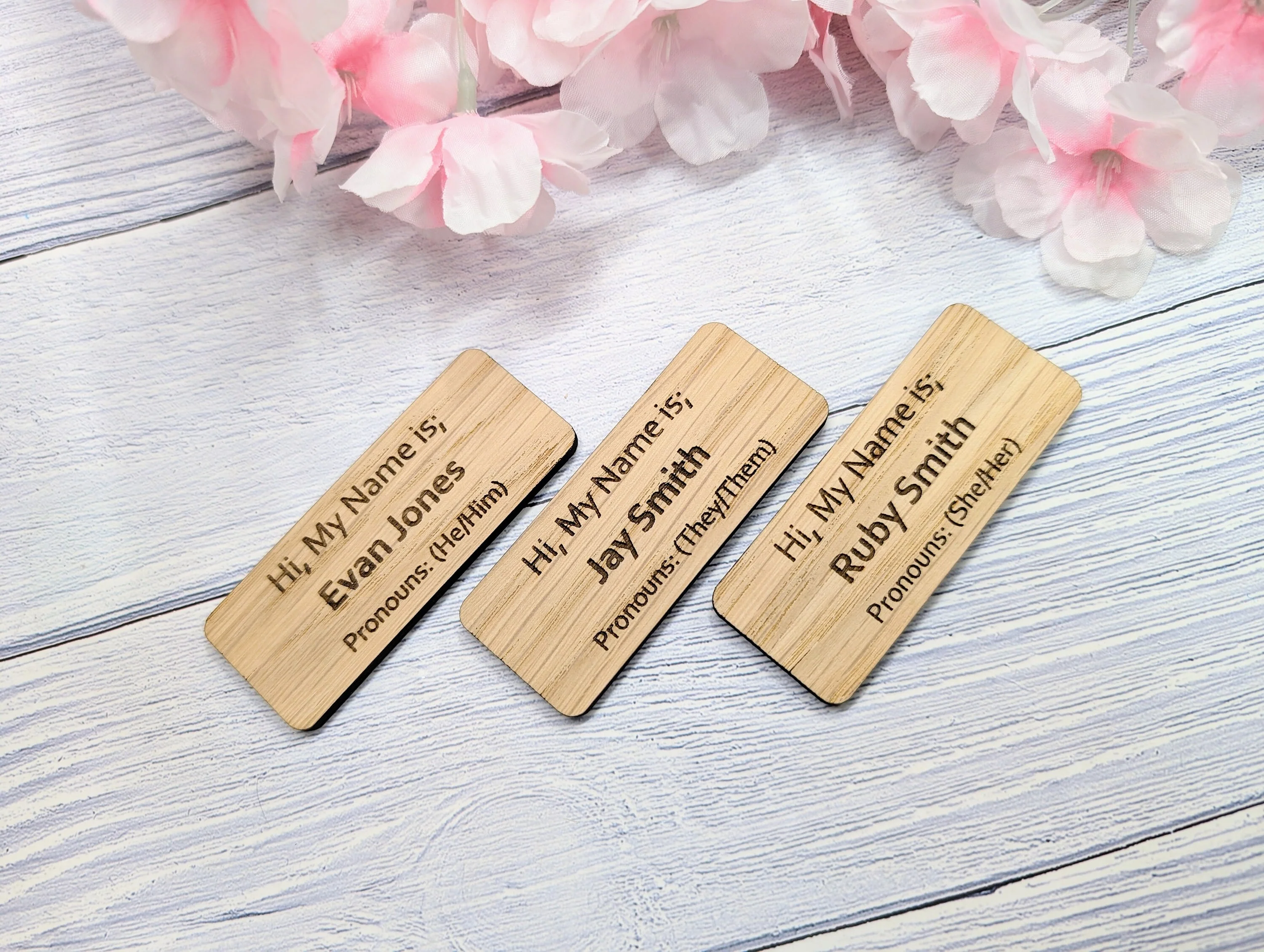 Pronoun Oak Name Badges - Custom, Inclusive & Personalised, Pin/Magnet | Eco-Friendly, He/She/They - Respectful Workplace Accessory - Image 3