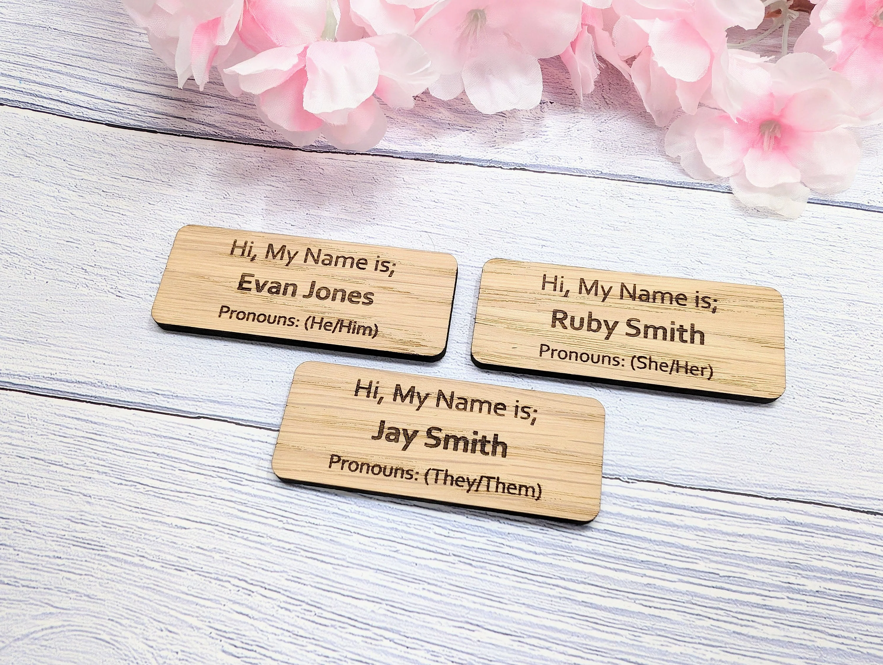 Pronoun Oak Name Badges - Custom, Inclusive & Personalised, Pin/Magnet | Eco-Friendly, He/She/They - Respectful Workplace Accessory - Image 4