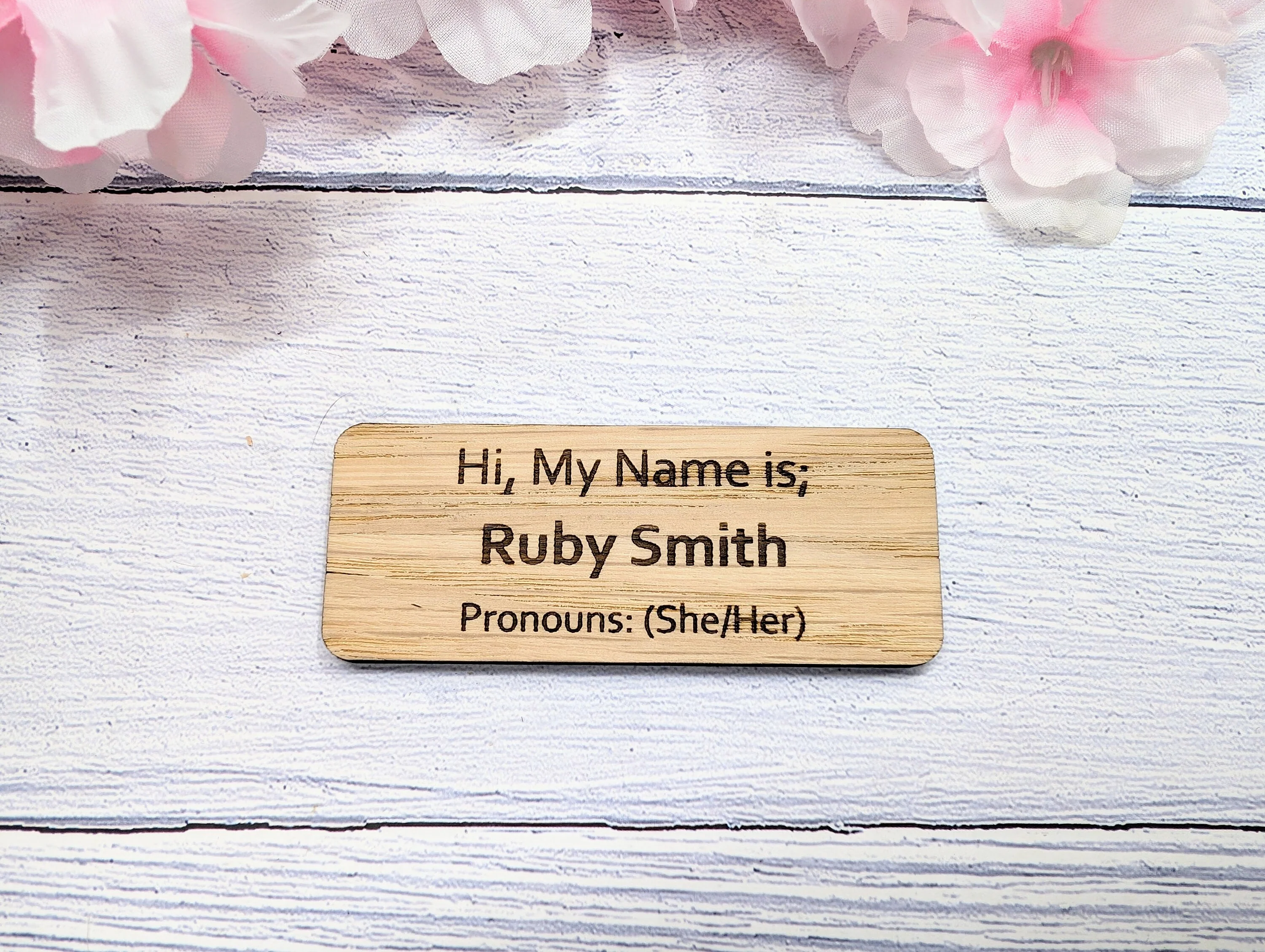 Pronoun Oak Name Badges - Custom, Inclusive & Personalised, Pin/Magnet | Eco-Friendly, He/She/They - Respectful Workplace Accessory - Image 8