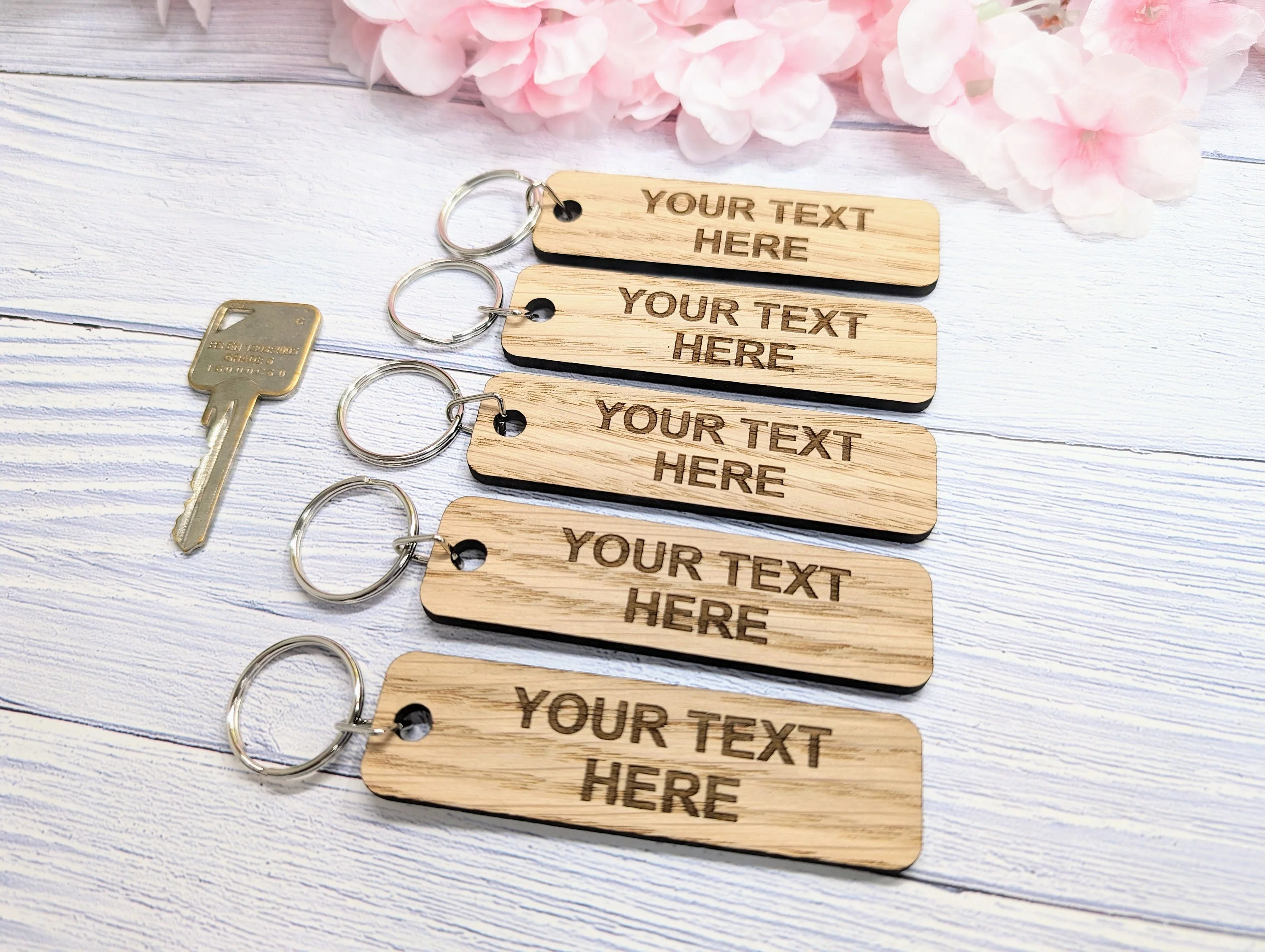 Custom Text Oak Wood Keyring - 90x25mm - Image 2
