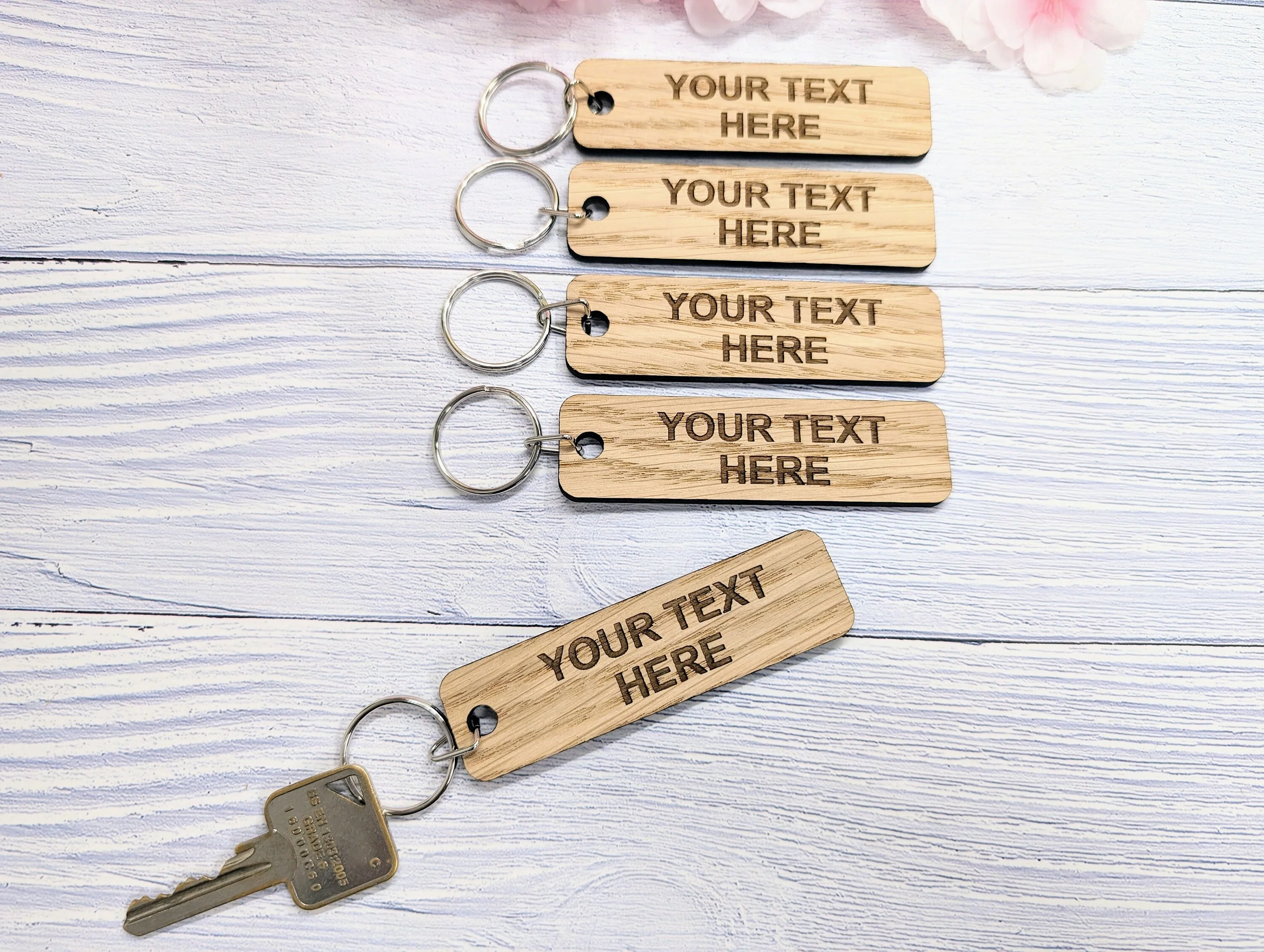 Custom Text Oak Wood Keyring - 90x25mm - Image 5