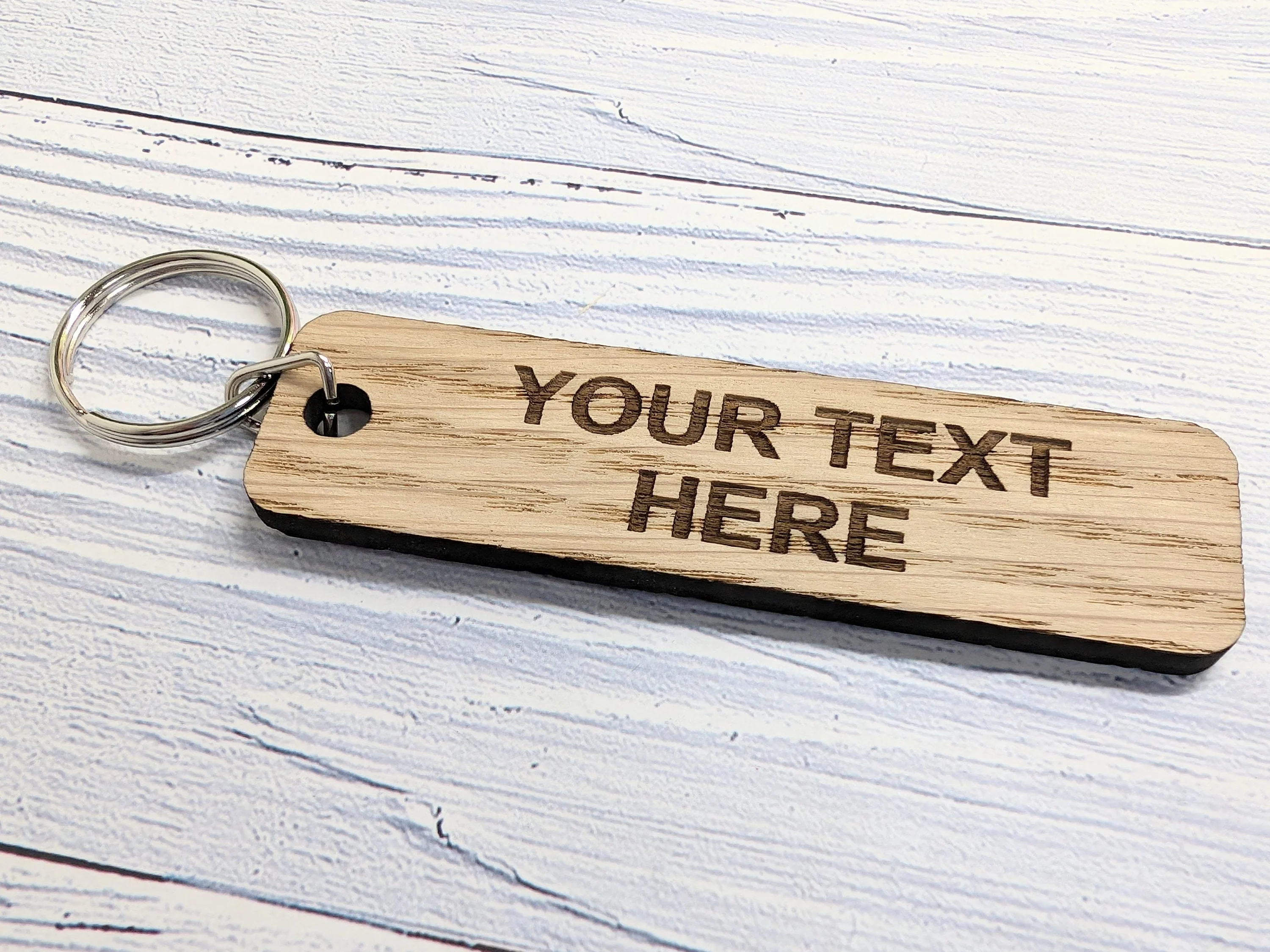 Custom Text Oak Wood Keyring - 90x25mm - Image 7