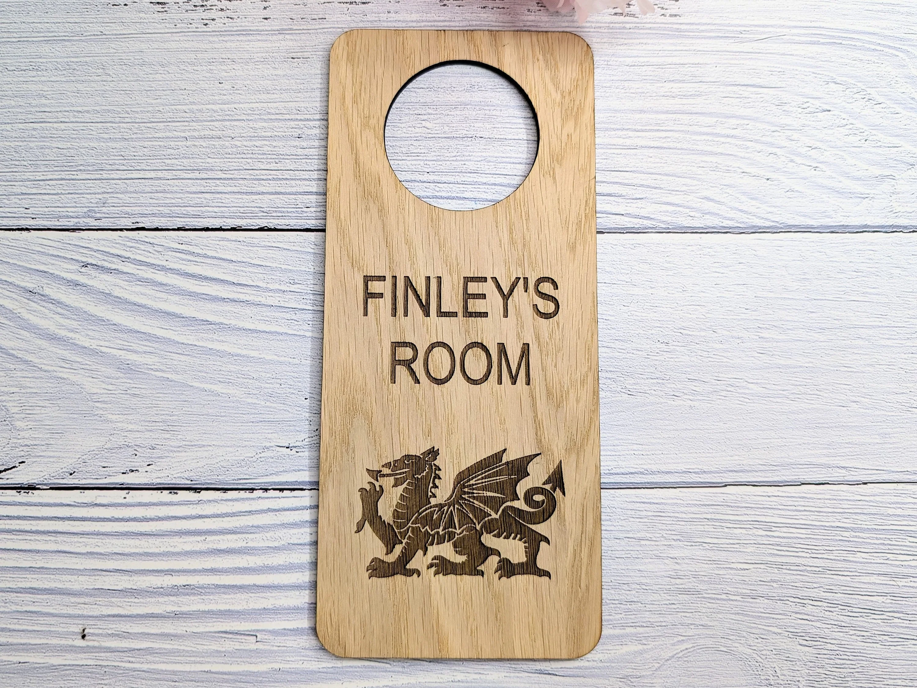 Custom Welsh Dragon Children's Room Sign - Personalised Oak Veneer Door Hanger - Image 5