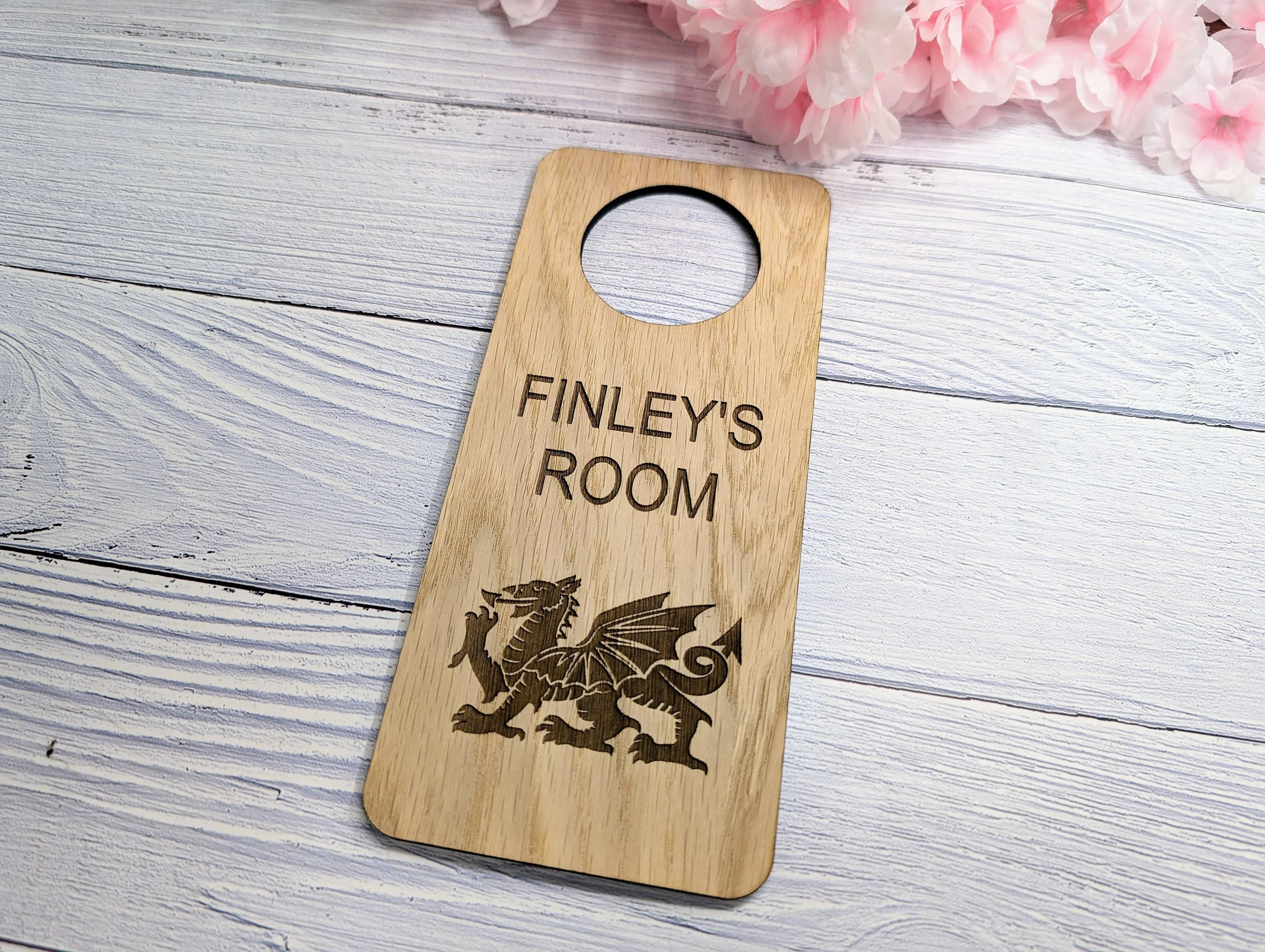 Custom Welsh Dragon Children's Room Sign - Personalised Oak Veneer Door Hanger - Image 6