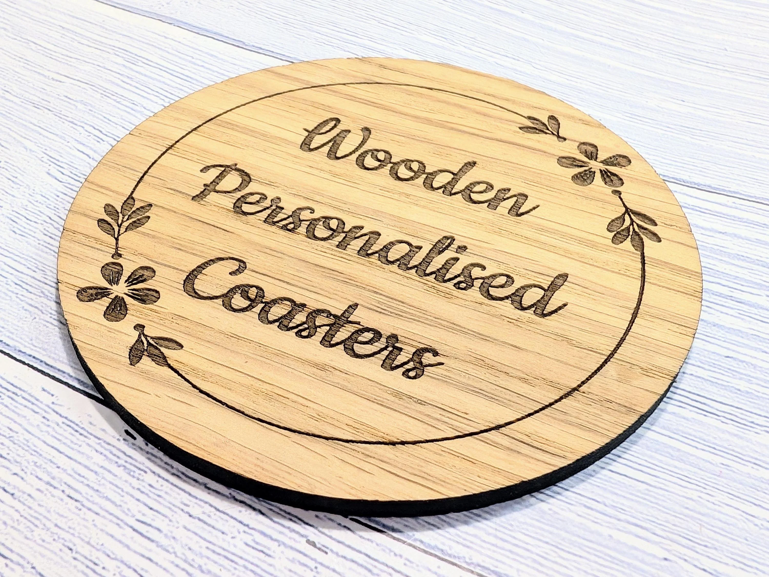Custom Wooden Coasters – Eco-Friendly Gift, Personalised Text, Engraved Border – Bespoke Sustainable Craft, 100mm Diameter, Coffee & Tea - Image 6