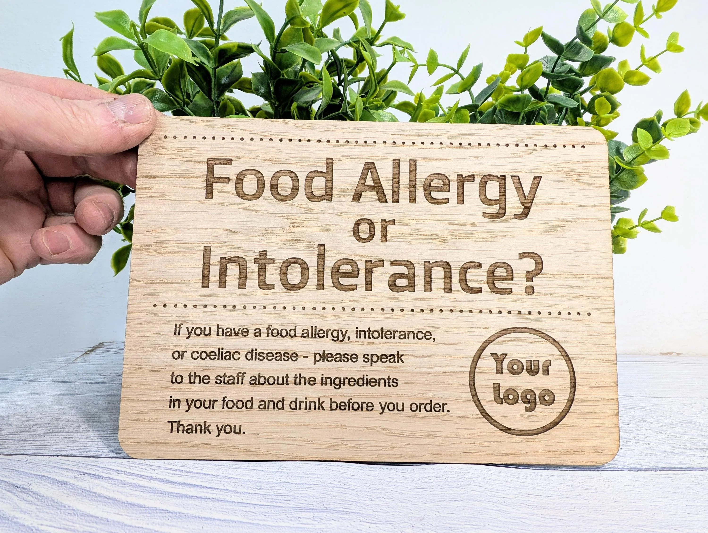 Custom Wooden Food Allergy Sign with Logo – Freestanding Personalised Oak Café & Restaurant Notice for Allergy, Intolerance and Coeliac Info