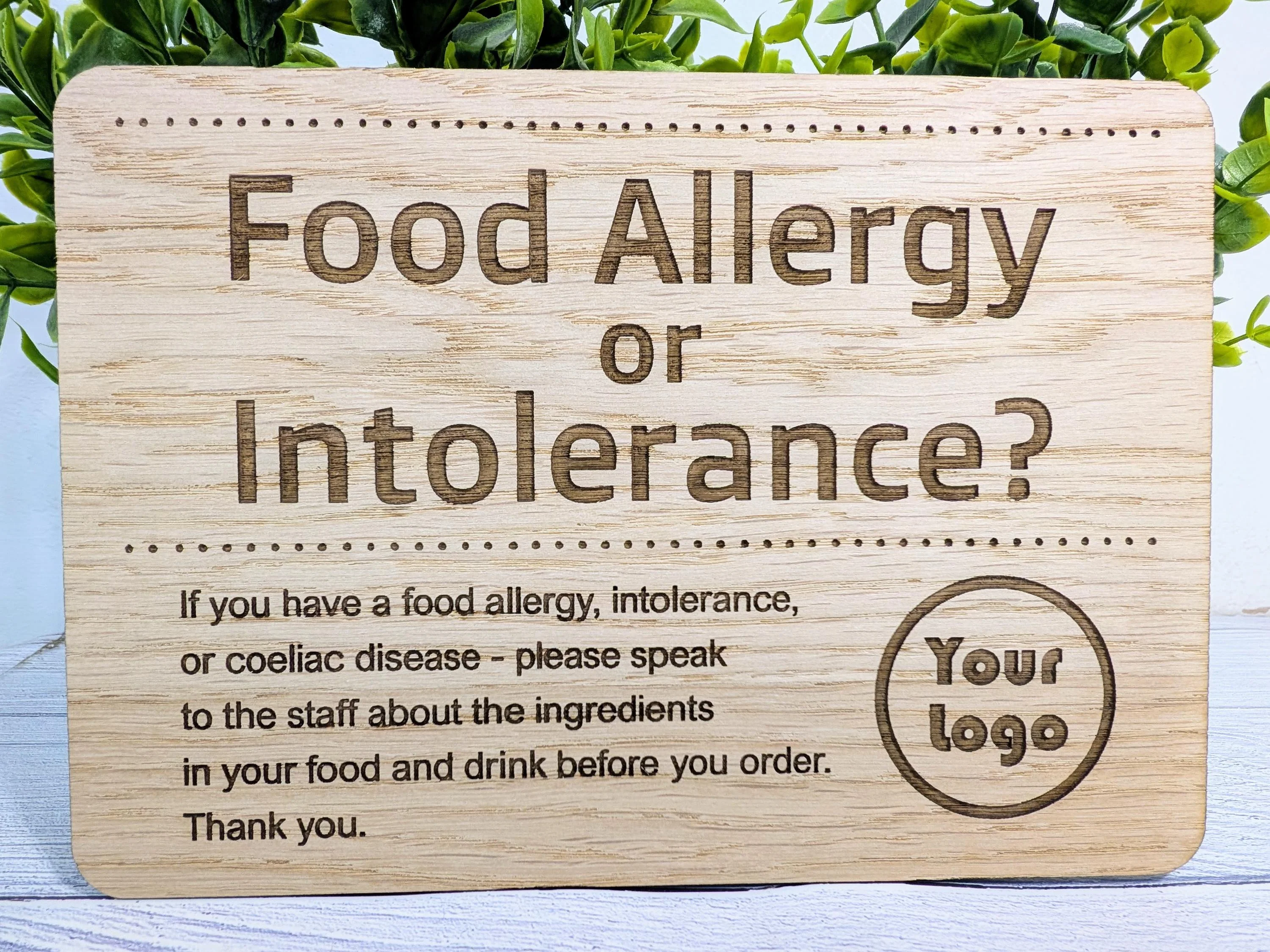 Custom Wooden Food Allergy Sign with Logo – Freestanding Personalised Oak Café & Restaurant Notice for Allergy, Intolerance and Coeliac Info - Image 2