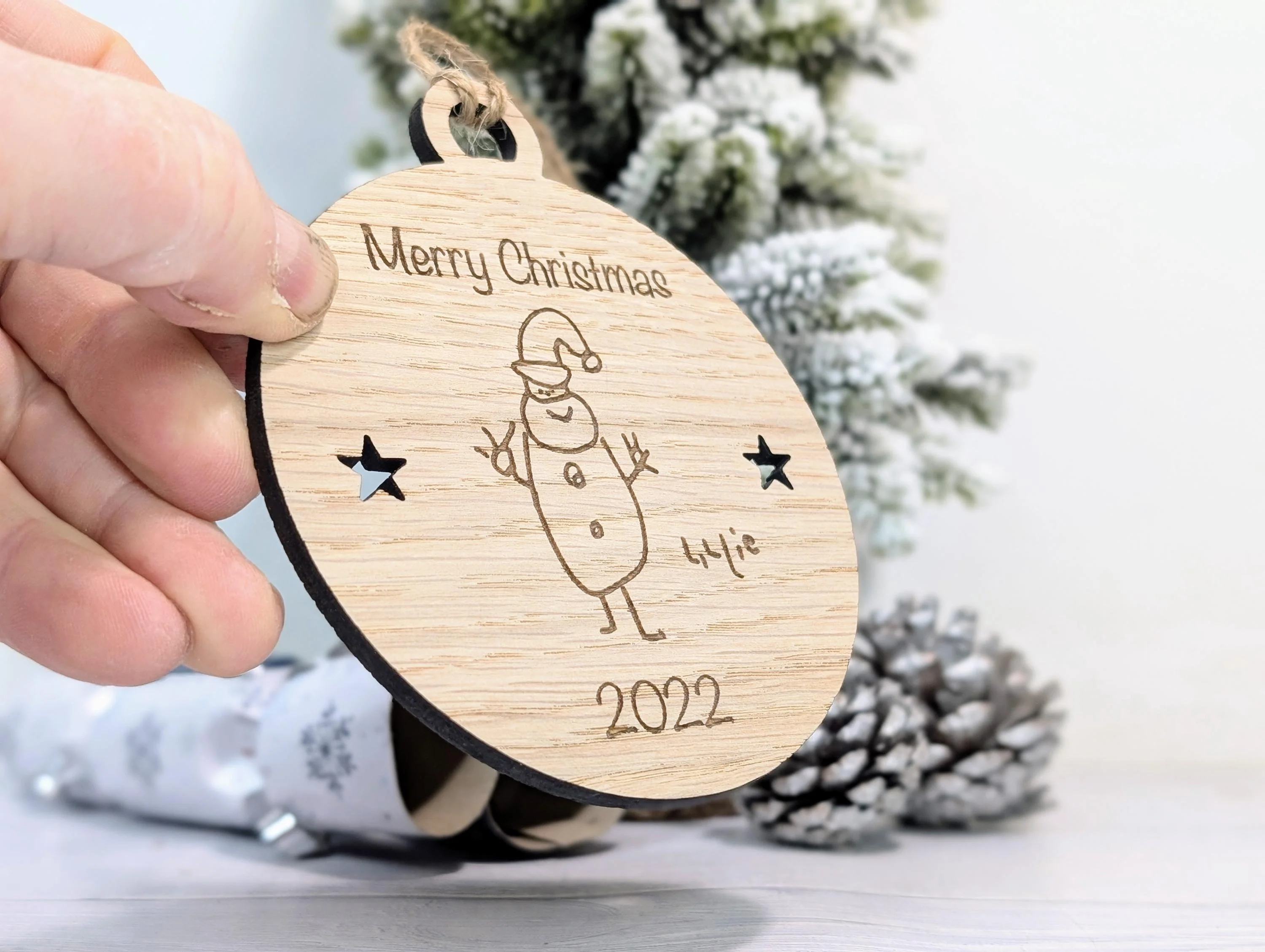 Design Your Own Wooden Bauble - Send Your Drawing, Welsh Custom Christmas Decoration in Oak Veneer - Personalised Xmas Decor Ornament - Image 2