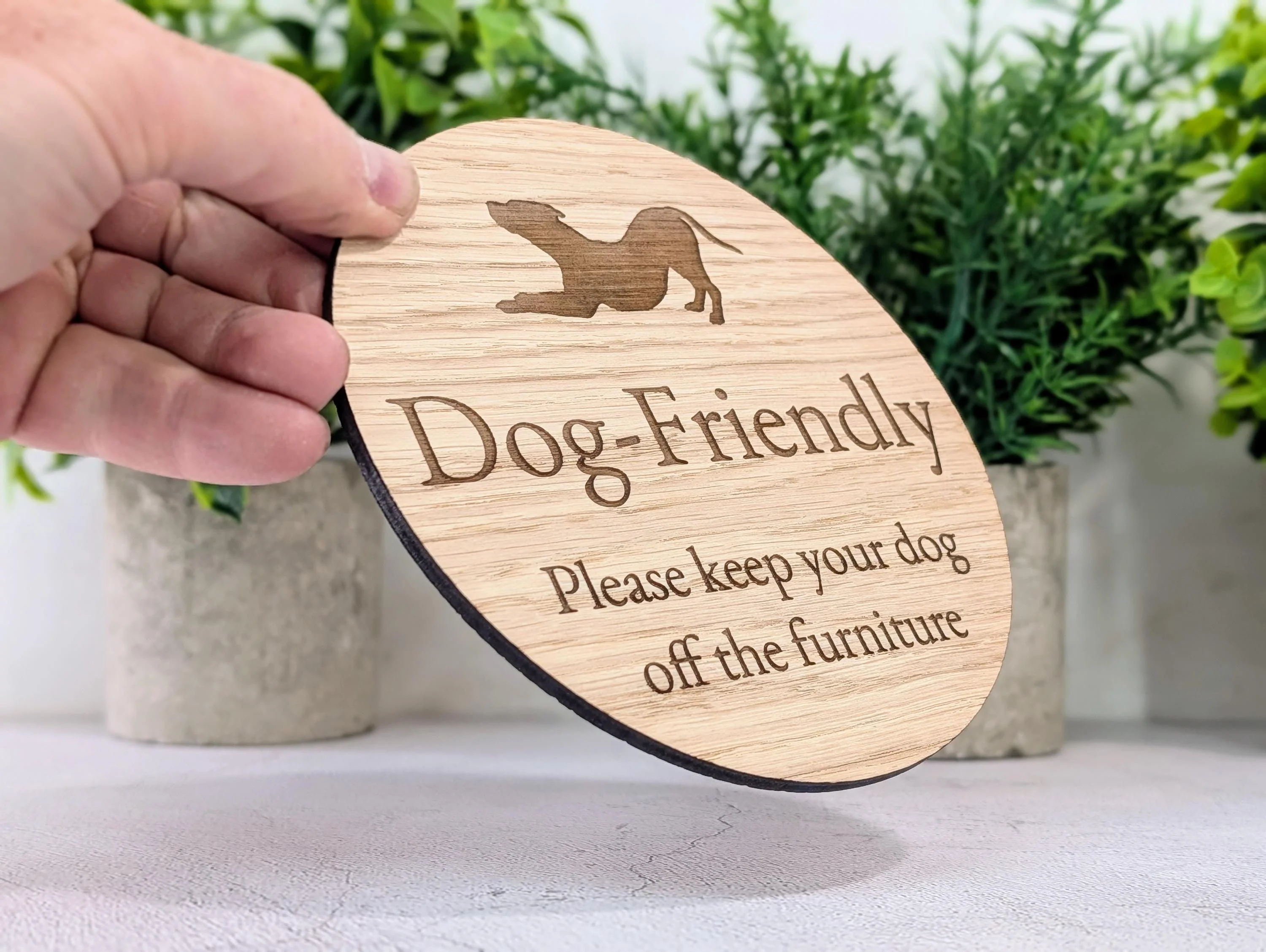 Dog Friendly Sign – Keep Dogs Off Furniture, Circular Oak Veneered Indoor Sign, Handmade in Wales, Plastic-Free Packaging, Pub, B&B, etc - Image 2