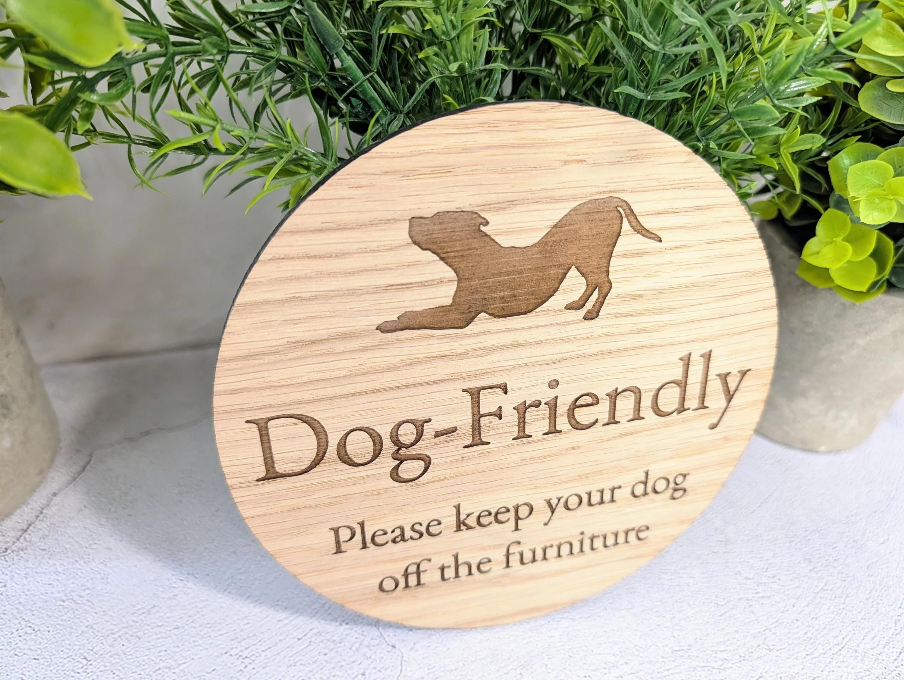Dog Friendly Sign – Keep Dogs Off Furniture, Circular Oak Veneered Indoor Sign, Handmade in Wales, Plastic-Free Packaging, Pub, B&B, etc - Image 4