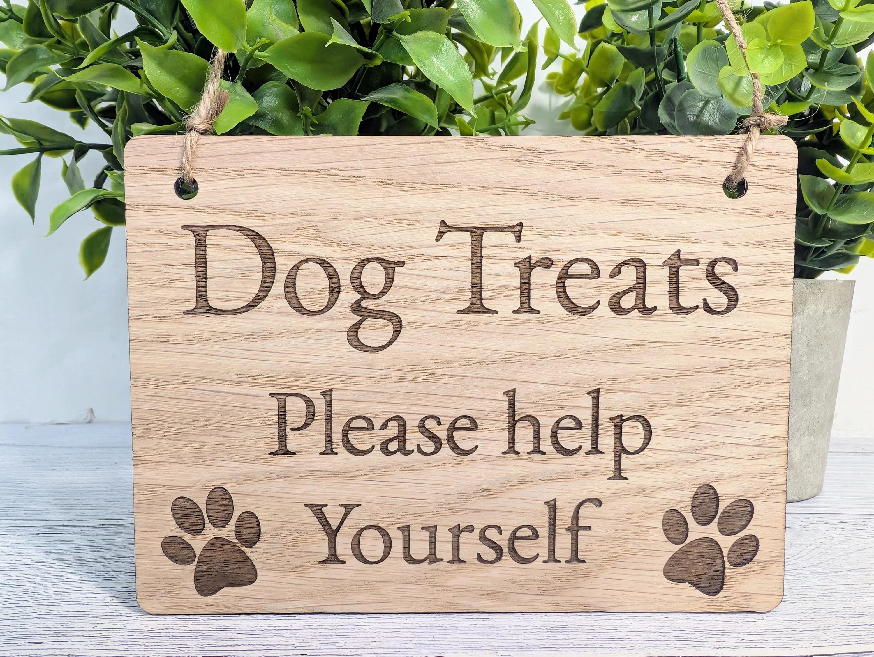 Dog Treats Please Help Yourself Sign – Solid Oak Plaque with Paw Prints – Rustic Wooden Dog Treat Station Sign – Handmade in Wales - Image 2