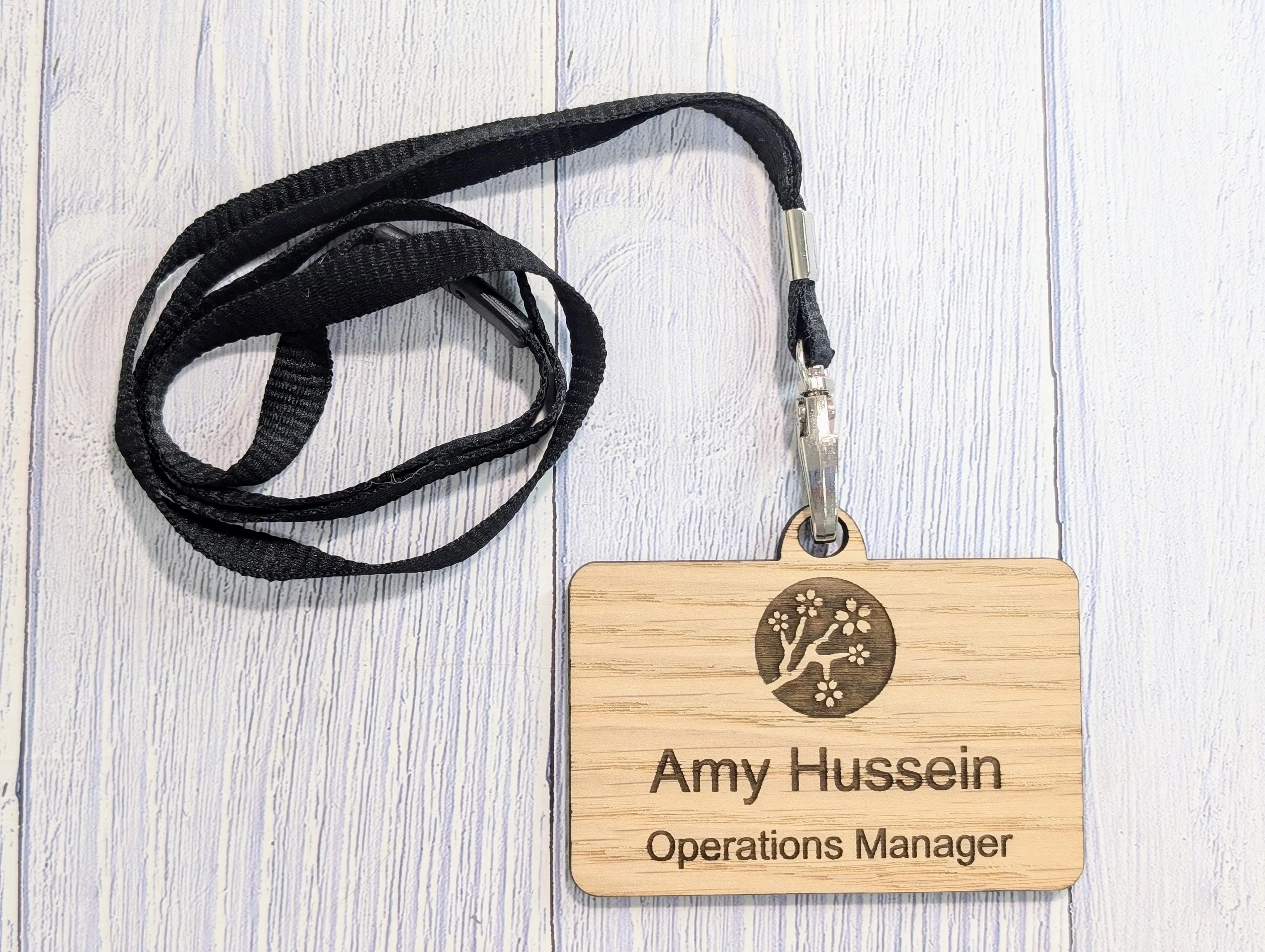 Double Sided QR Code Name Badges with Lanyards, Personalised Oak Veneer Staff Name Badges on Eco Lanyards - Custom Badges, Staff Tags, Logo - Image 4