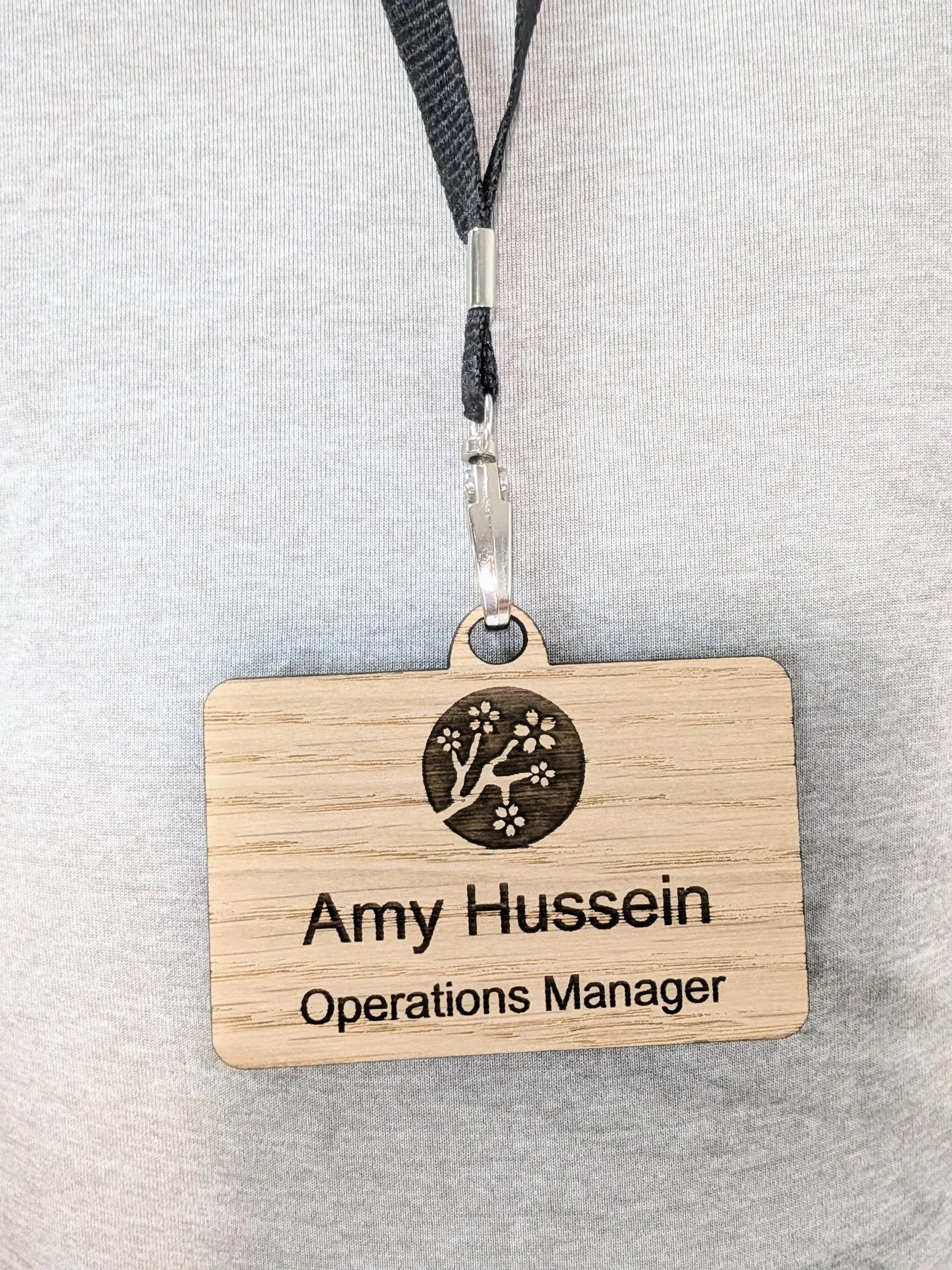 Double Sided QR Code Name Badges with Lanyards, Personalised Oak Veneer Staff Name Badges on Eco Lanyards - Custom Badges, Staff Tags, Logo - Image 9