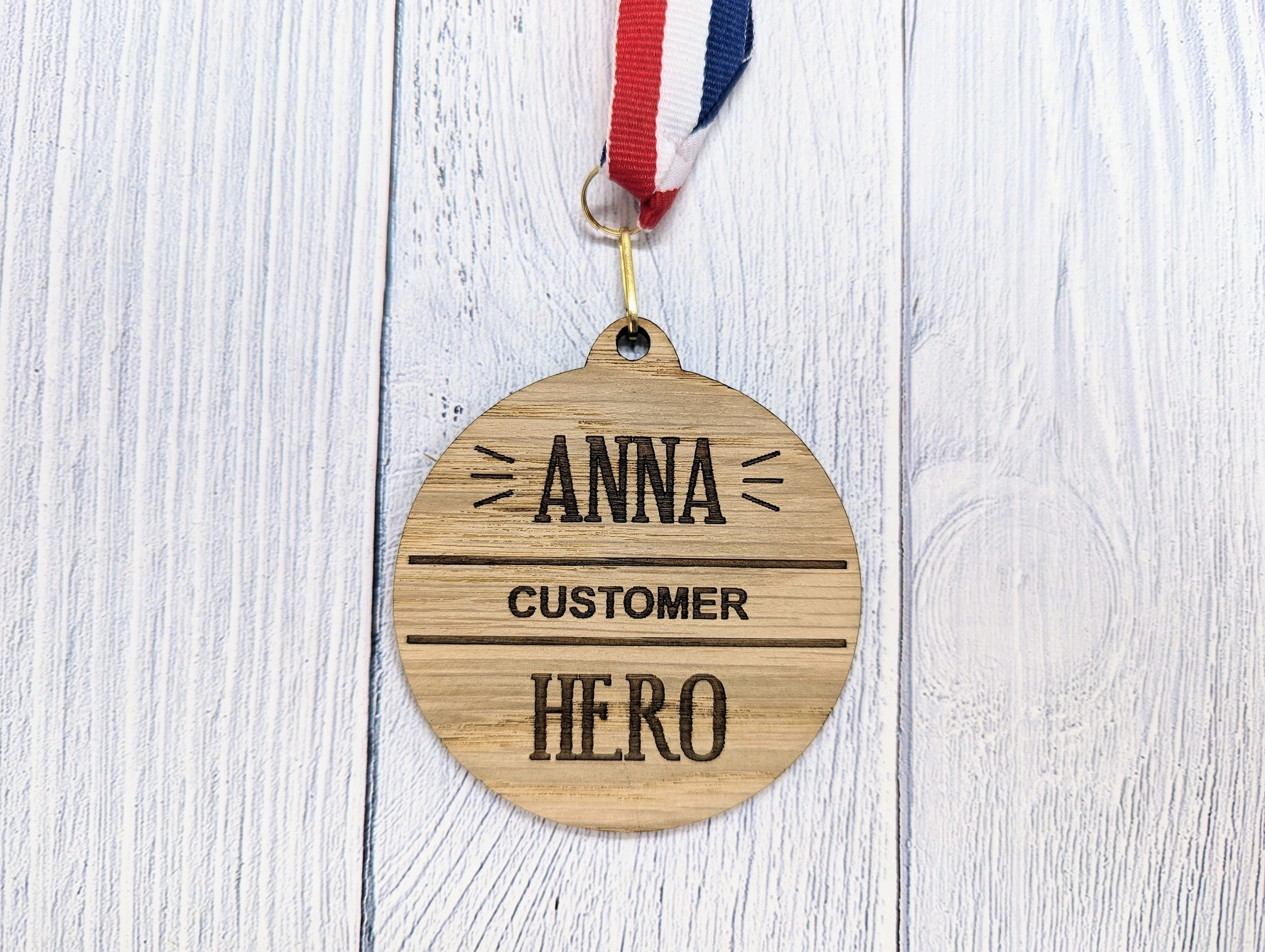 Employee Excellence Wooden Hero Medals: Personalised Recognition & Wellbeing Awards with Tri-Coloured Ribbon - Image 3