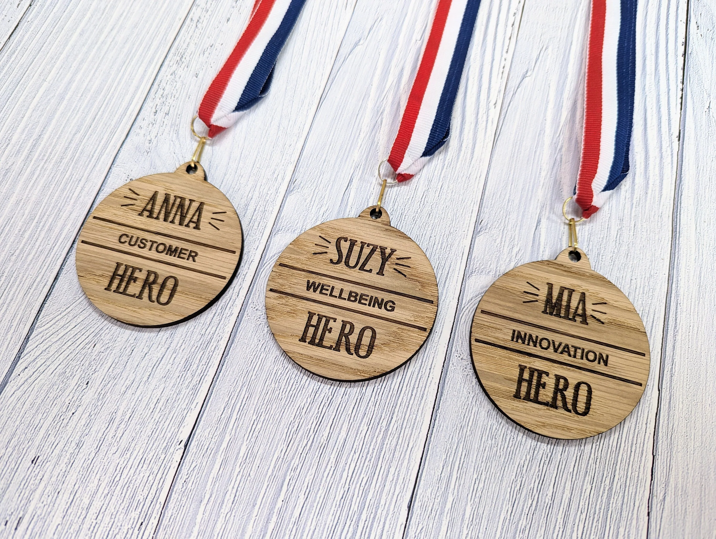 Employee Excellence Wooden Hero Medals: Personalised Recognition & Wellbeing Awards with Tri-Coloured Ribbon - Image 6