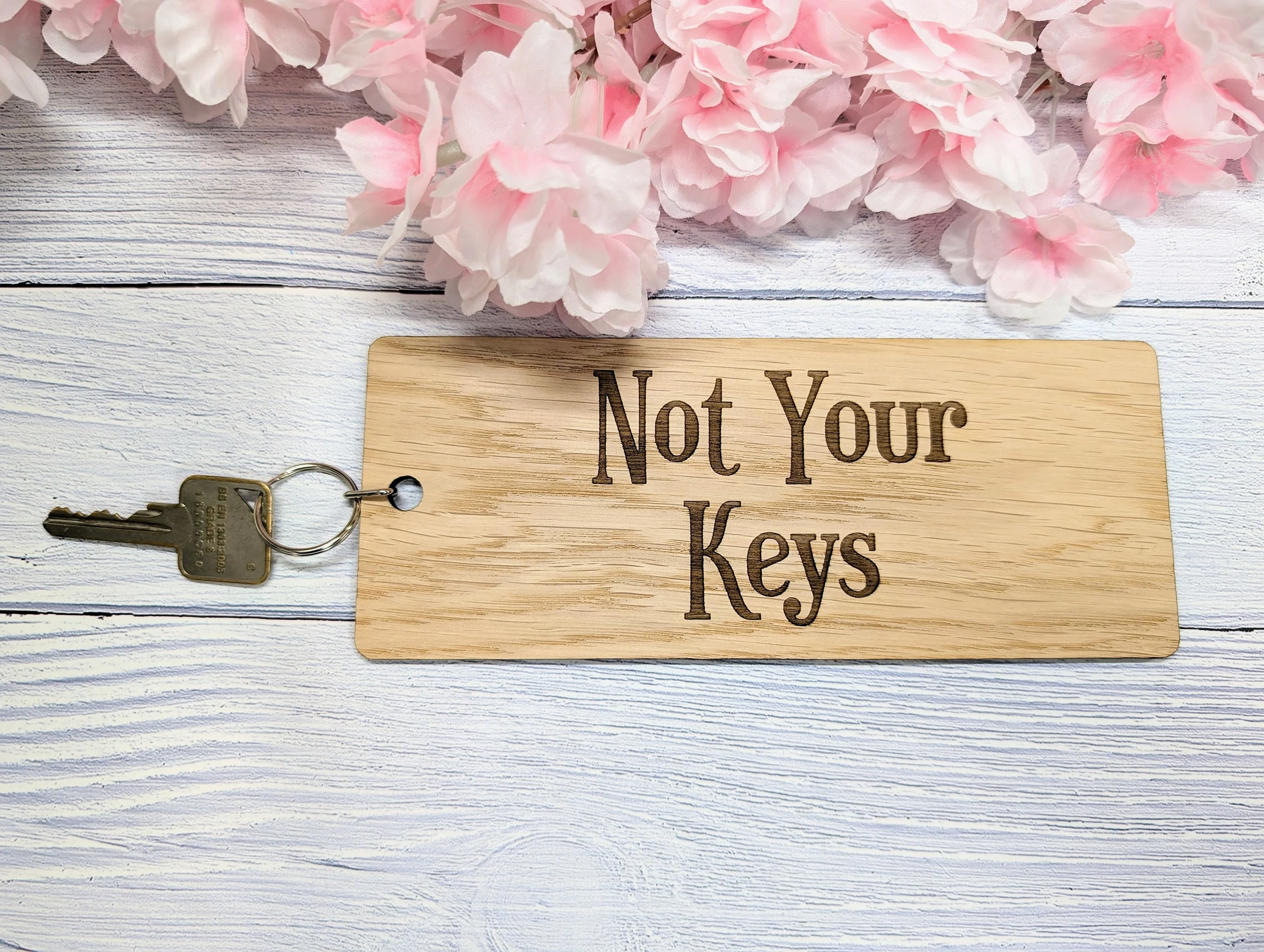 Extra-Large 200x80mm "Not Your Keys" Wooden Keyring – Humorous Oak Veneer Key Accessory for a Touch of Fun - Image 2
