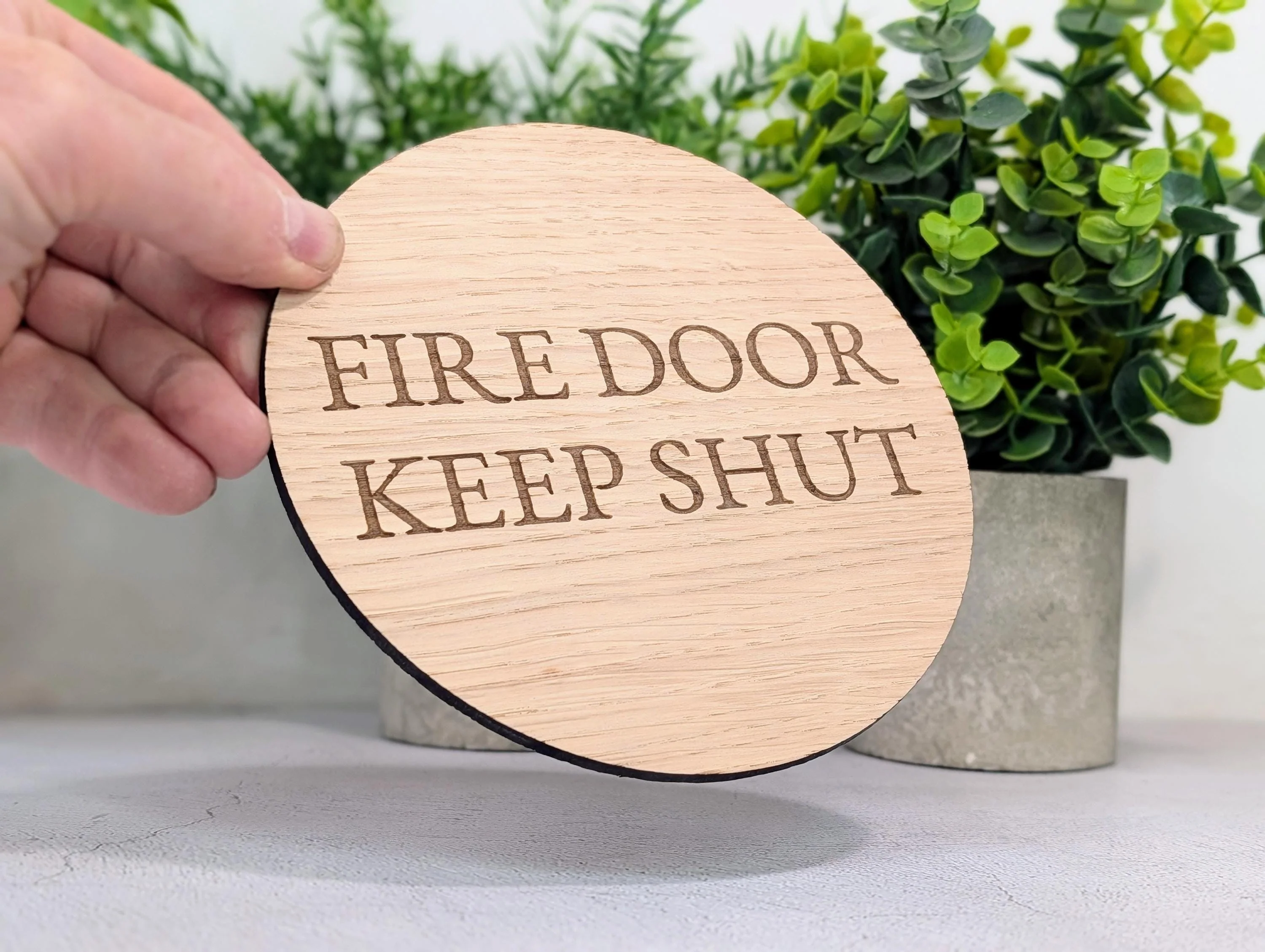 Fire Door Keep Shut Sign – Circular Oak Veneered Wall or Door Sign, Indoor Use Only, Handmade in Wales, Plastic-Free Packaging - Image 2