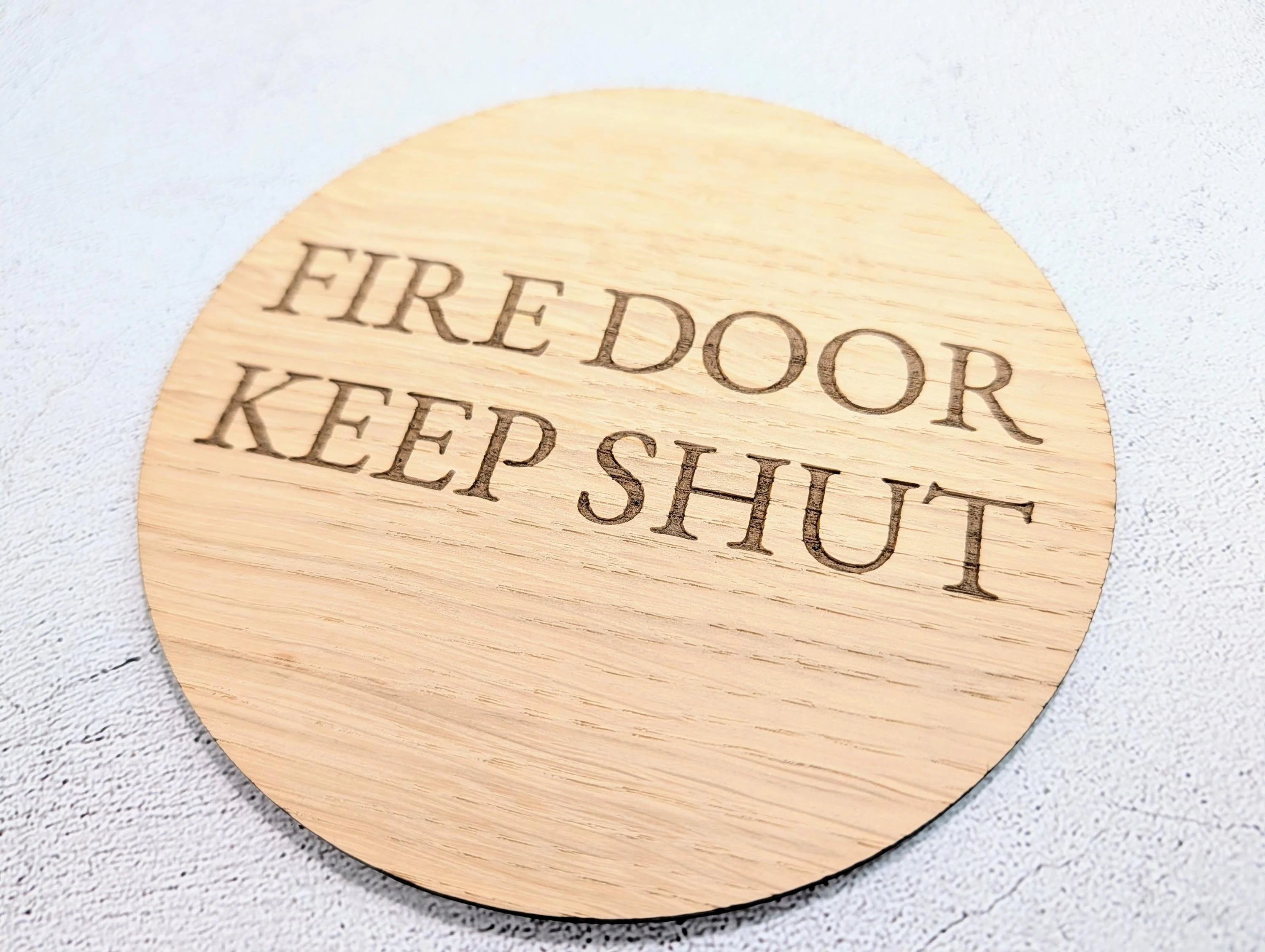 Fire Door Keep Shut Sign – Circular Oak Veneered Wall or Door Sign, Indoor Use Only, Handmade in Wales, Plastic-Free Packaging - Image 7