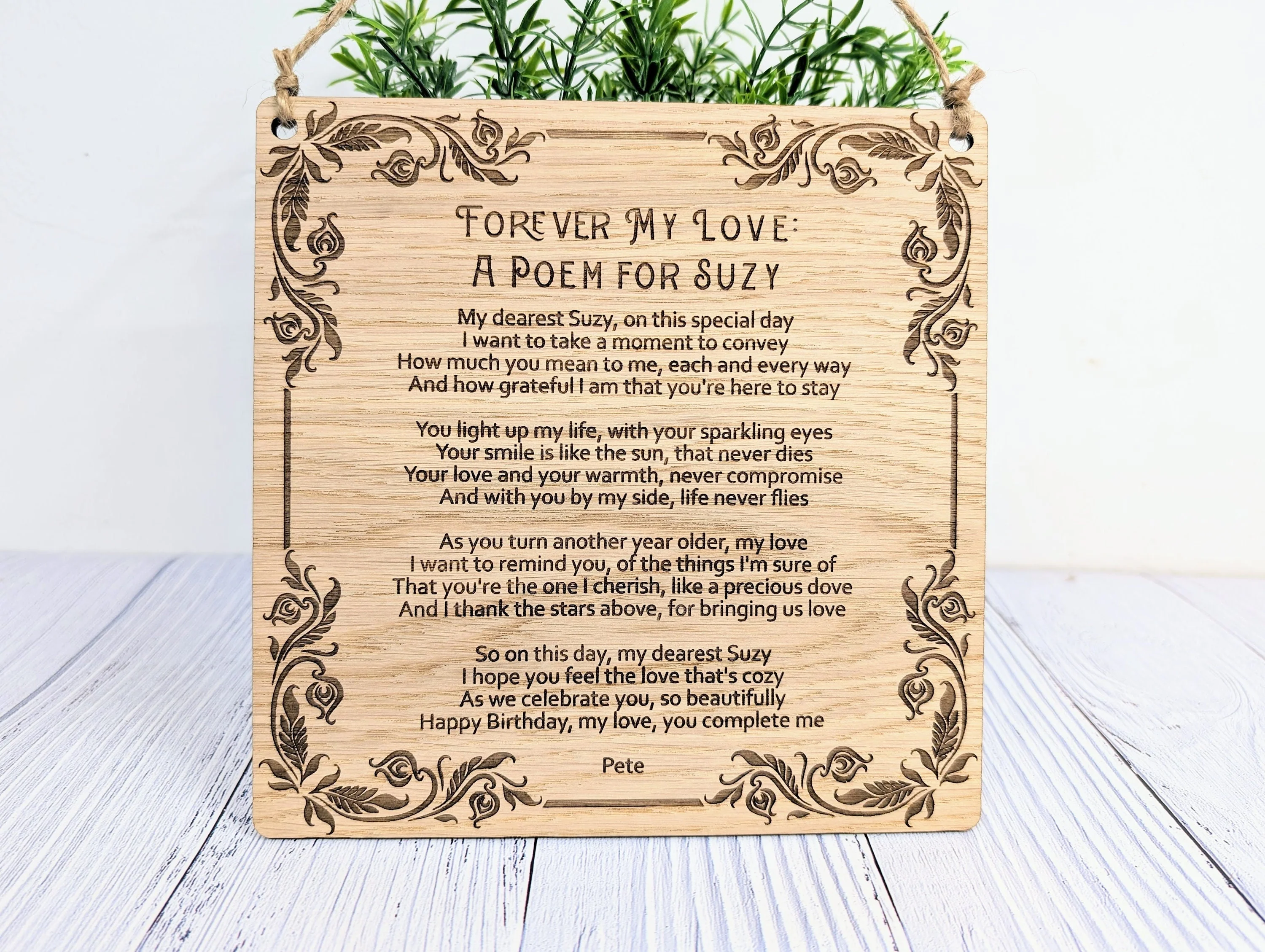 Floral Art Deco Engraved Sign | Customisable Poem or Message | Oak Veneer MDF | Elegant Home & Office Decor | Eco-Conscious Design