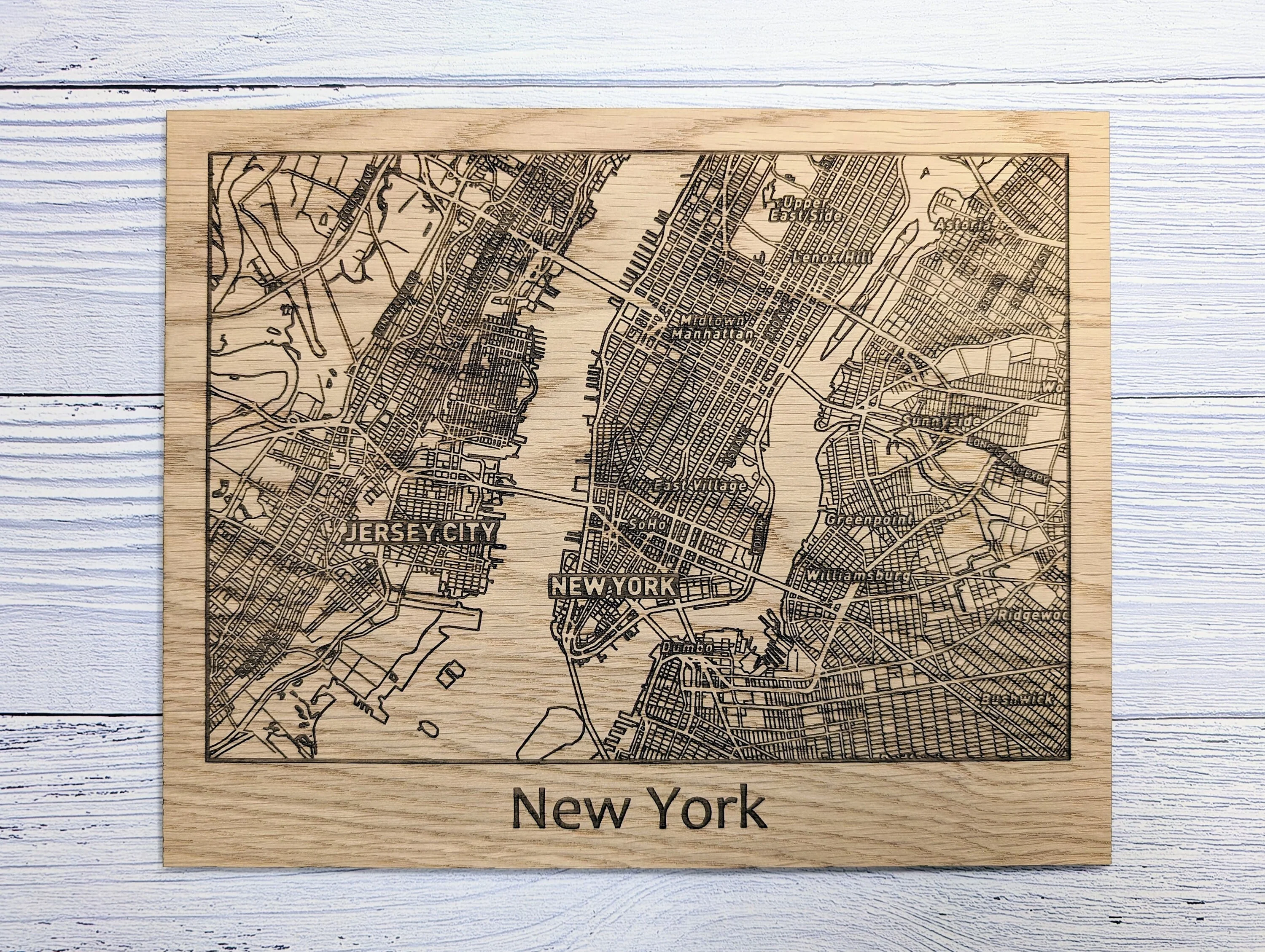 Framed Wooden New York City Map - Oak NYC Wall Art, Table Display | 253x202mm, Monochrome Frame, Iconic Cityscape Detail - Image 5