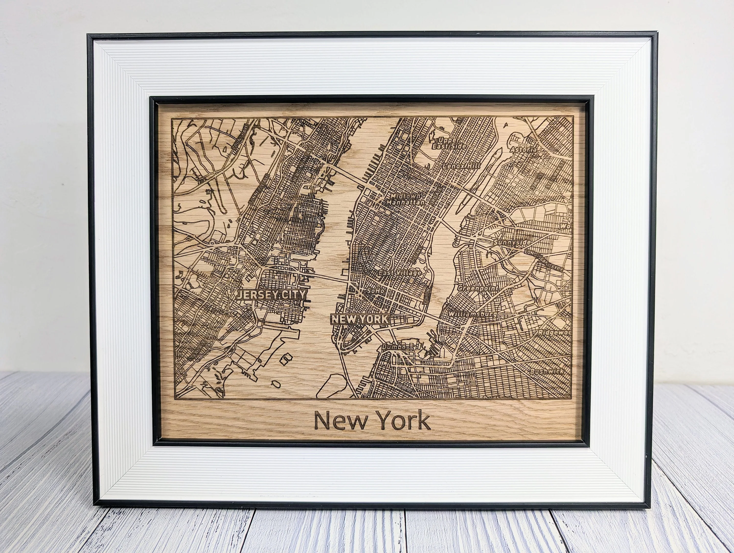 Framed Wooden New York City Map - Oak NYC Wall Art, Table Display | 253x202mm, Monochrome Frame, Iconic Cityscape Detail - Image 6