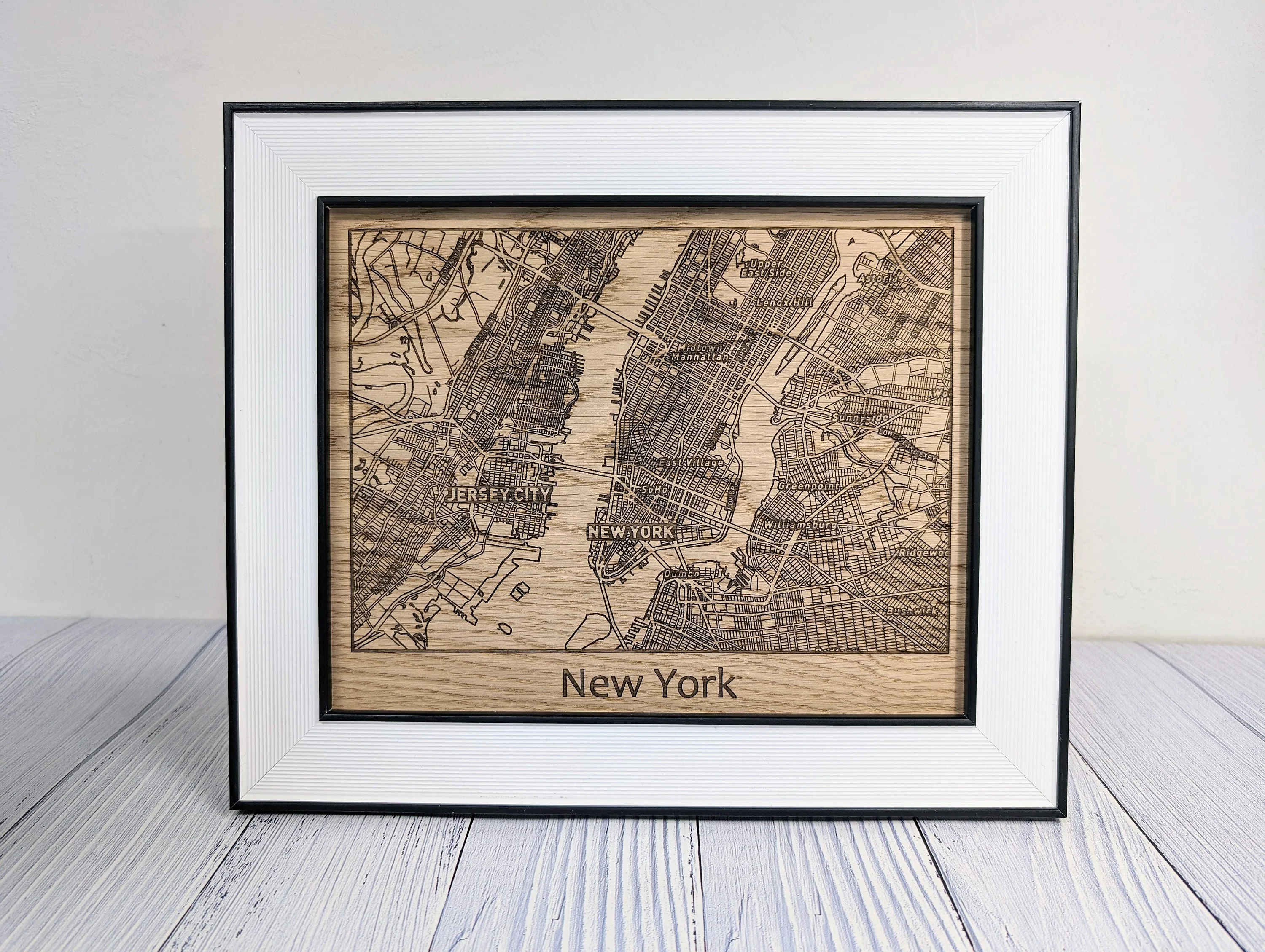 Framed Wooden New York City Map - Oak NYC Wall Art, Table Display | 253x202mm, Monochrome Frame, Iconic Cityscape Detail - Image 7