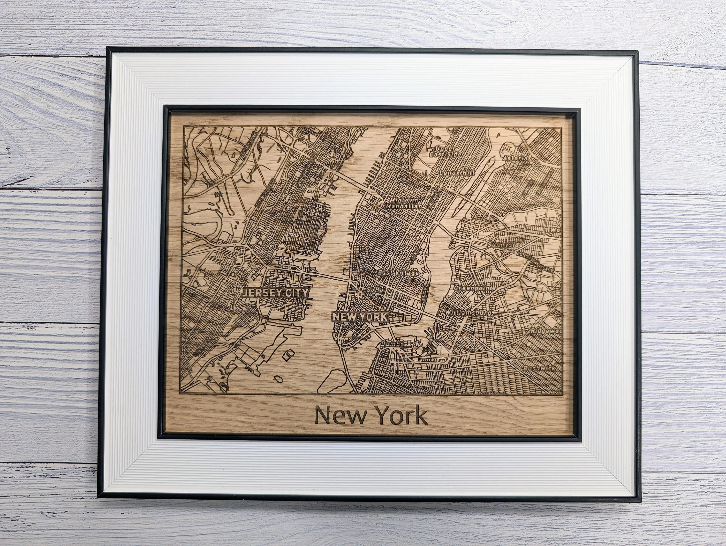 Framed Wooden New York City Map - Oak NYC Wall Art, Table Display | 253x202mm, Monochrome Frame, Iconic Cityscape Detail - Image 9