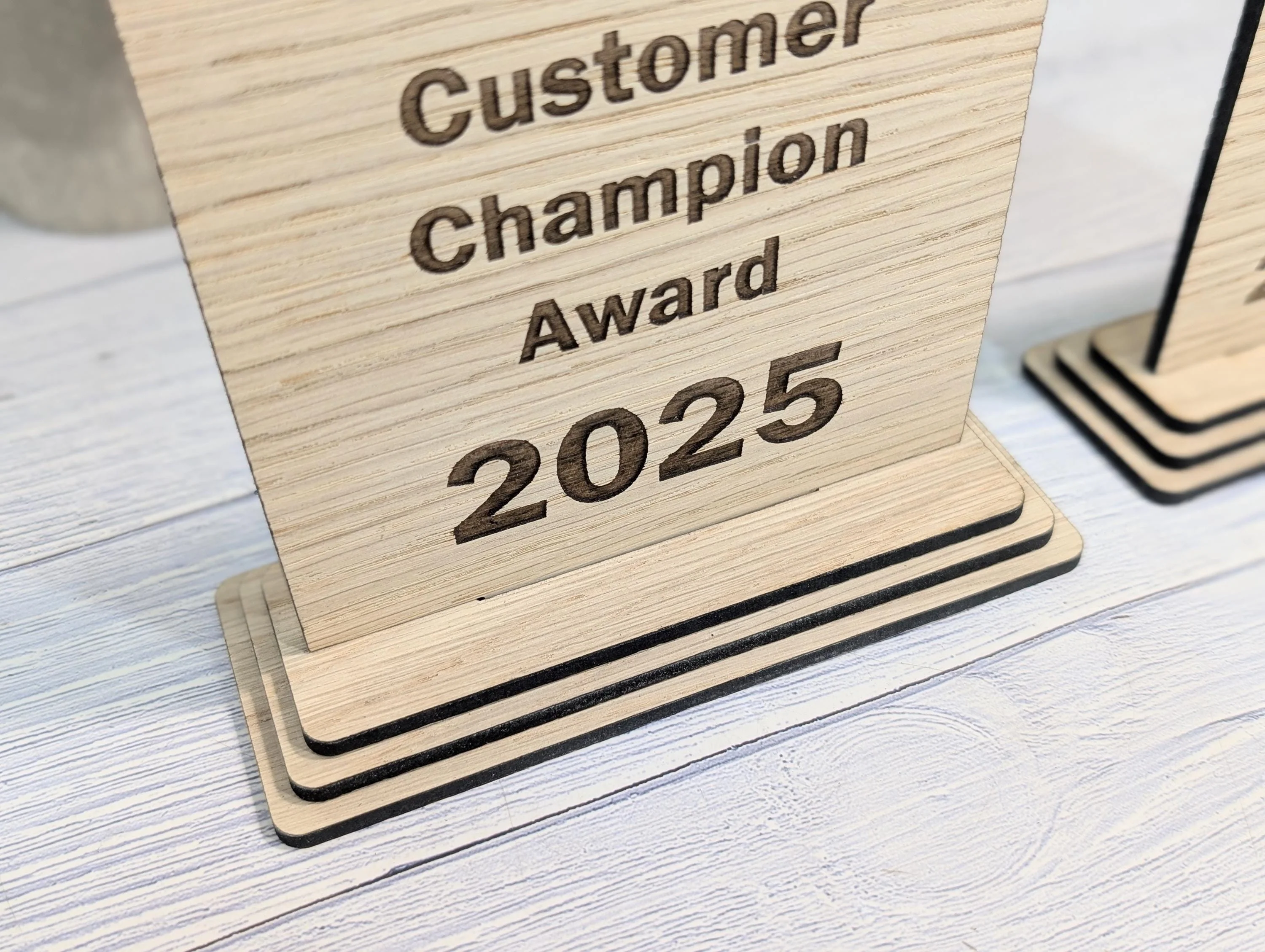 Freestanding Wooden Customer Champion Award – Custom Text and Logo – Oak Finish, Flat Pack Trophy – Eco Friendly Display, 2 Sizes - Image 2
