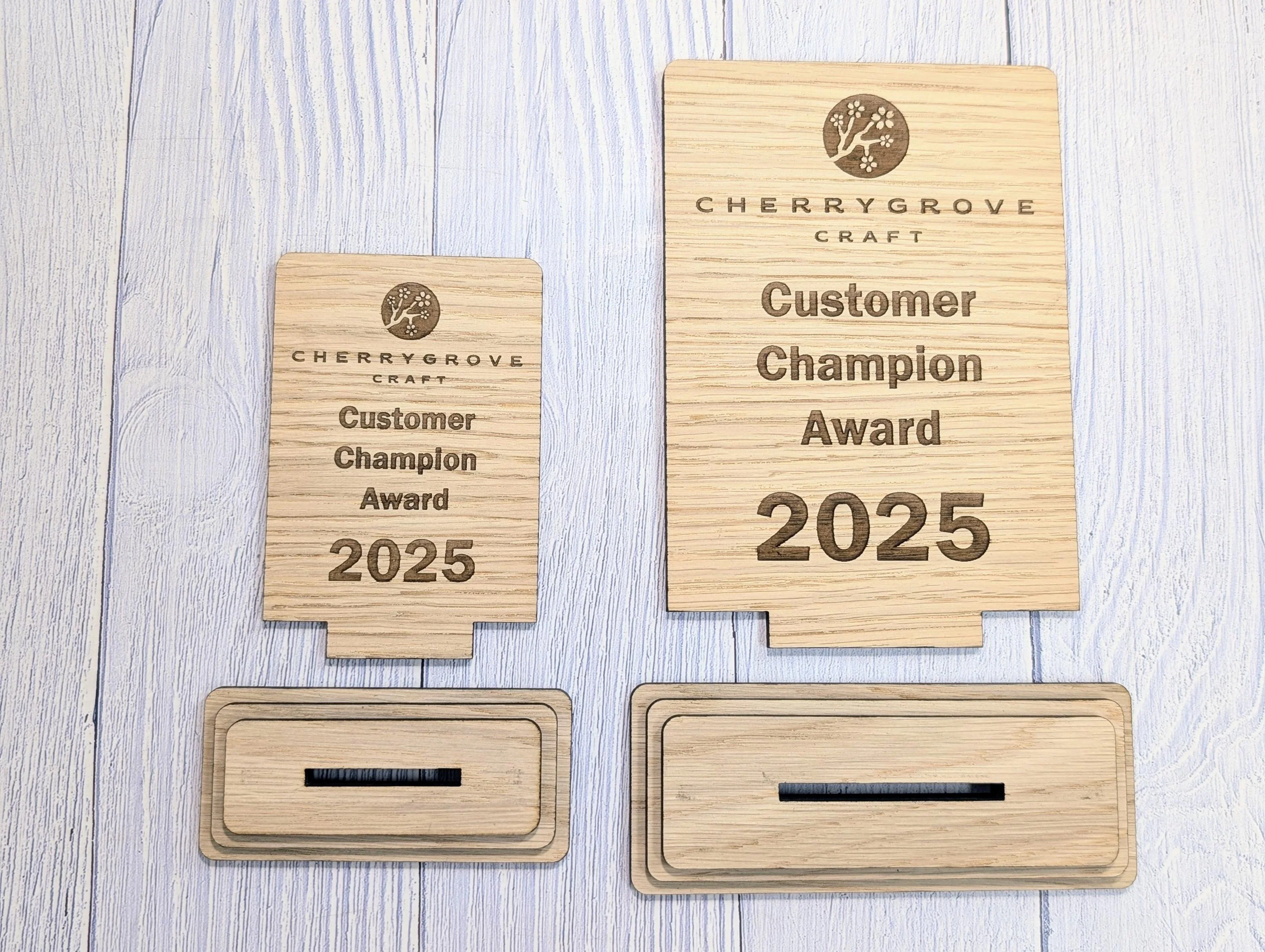 Freestanding Wooden Customer Champion Award – Custom Text and Logo – Oak Finish, Flat Pack Trophy – Eco Friendly Display, 2 Sizes - Image 3
