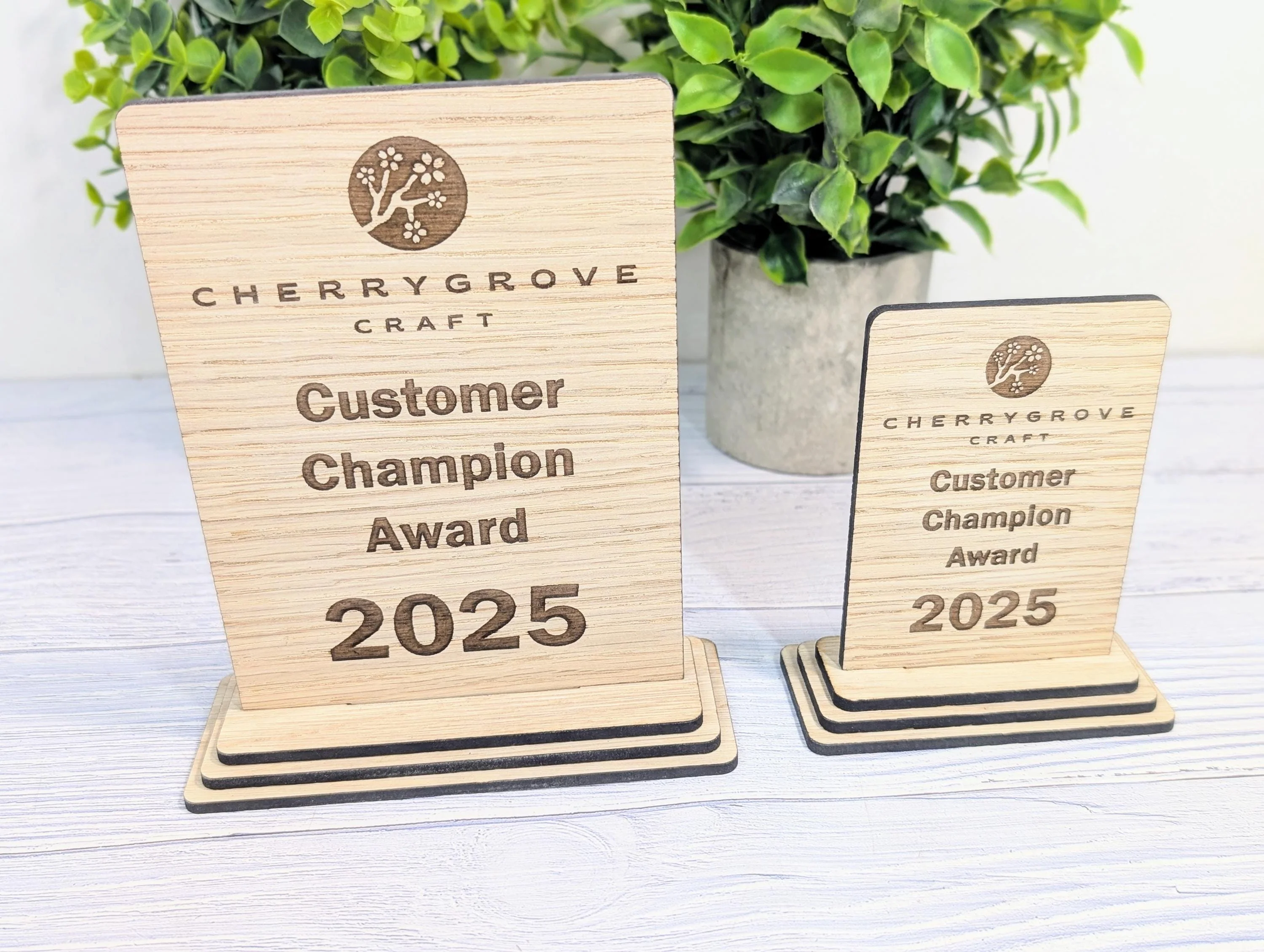 Freestanding Wooden Customer Champion Award – Custom Text and Logo – Oak Finish, Flat Pack Trophy – Eco Friendly Display, 2 Sizes - Image 5