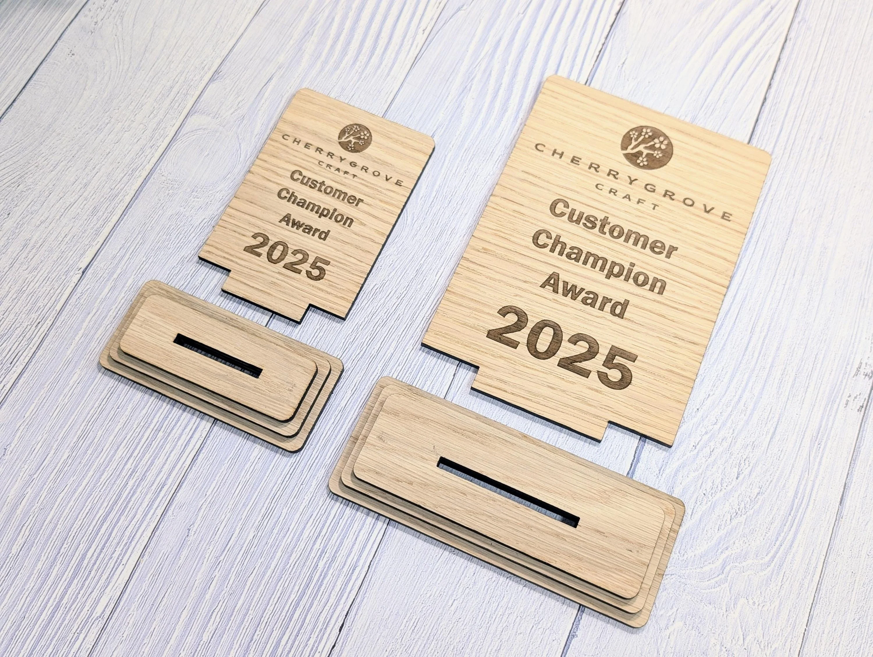 Freestanding Wooden Customer Champion Award – Custom Text and Logo – Oak Finish, Flat Pack Trophy – Eco Friendly Display, 2 Sizes - Image 7