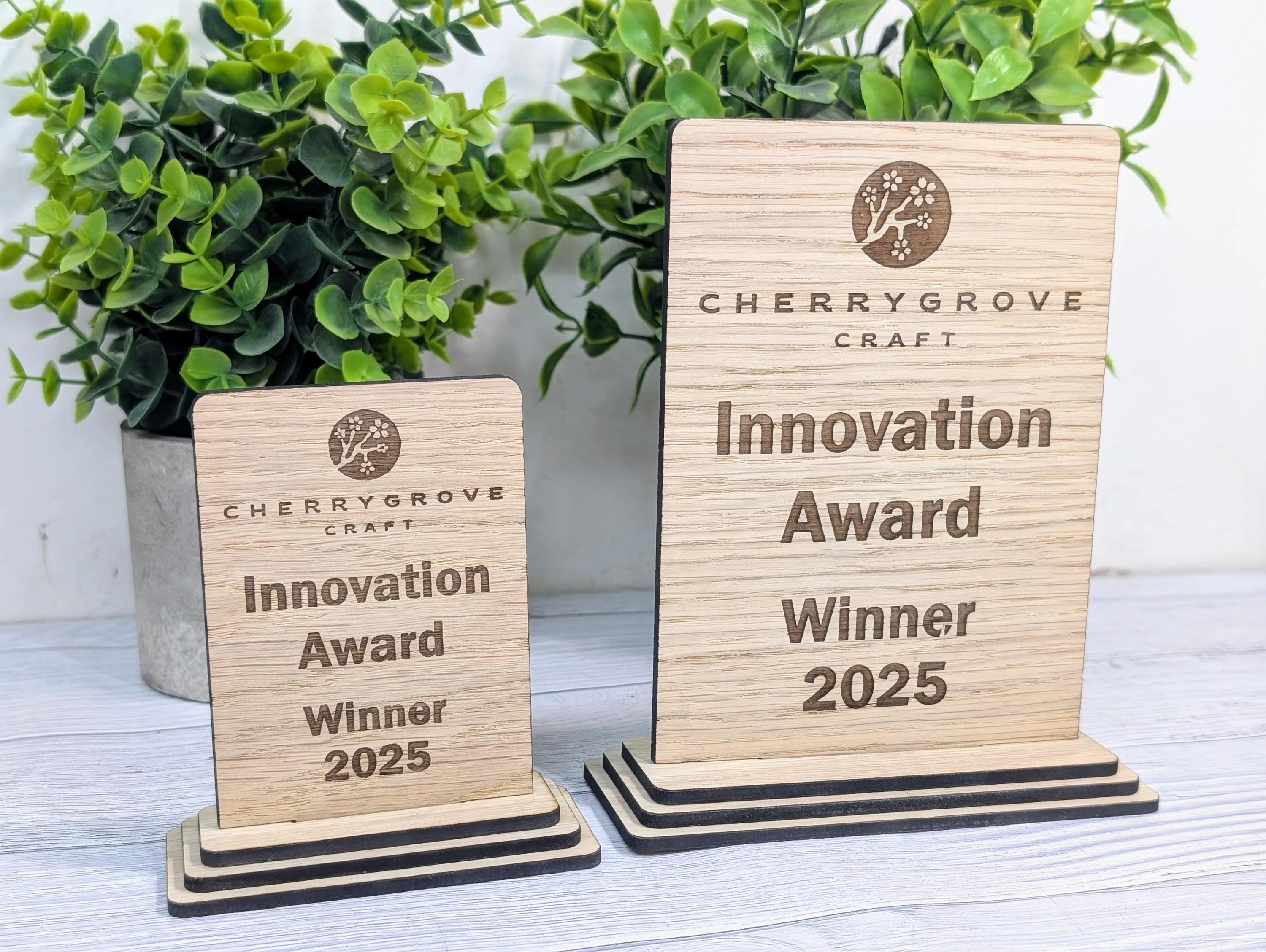 Freestanding Wooden Innovation Award Trophy – Custom Text and Logo – Oak Finish, Flat Pack – Business Awards, Eco Friendly Display, 2 Sizes - Image 4