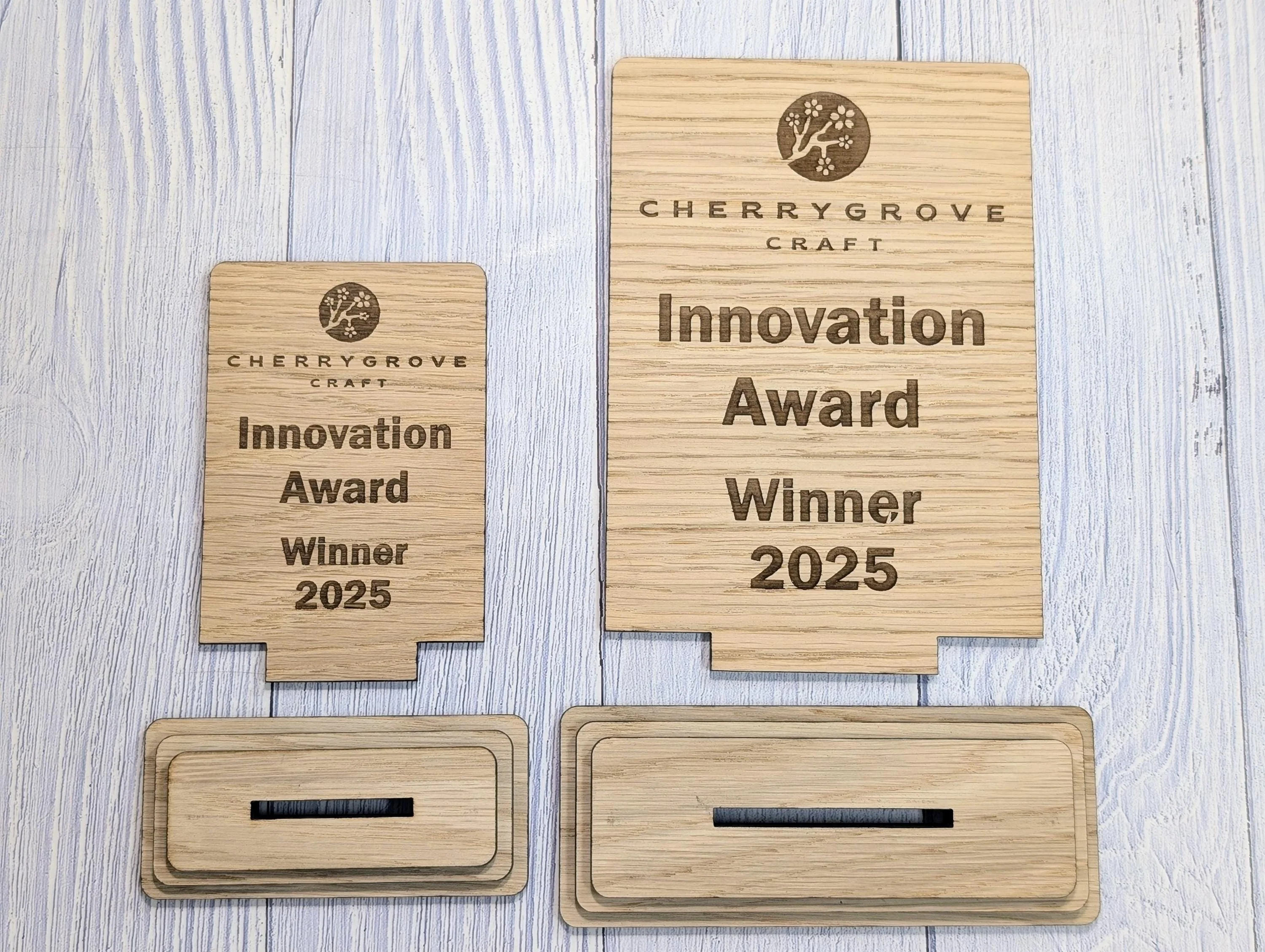 Freestanding Wooden Innovation Award Trophy – Custom Text and Logo – Oak Finish, Flat Pack – Business Awards, Eco Friendly Display, 2 Sizes - Image 6
