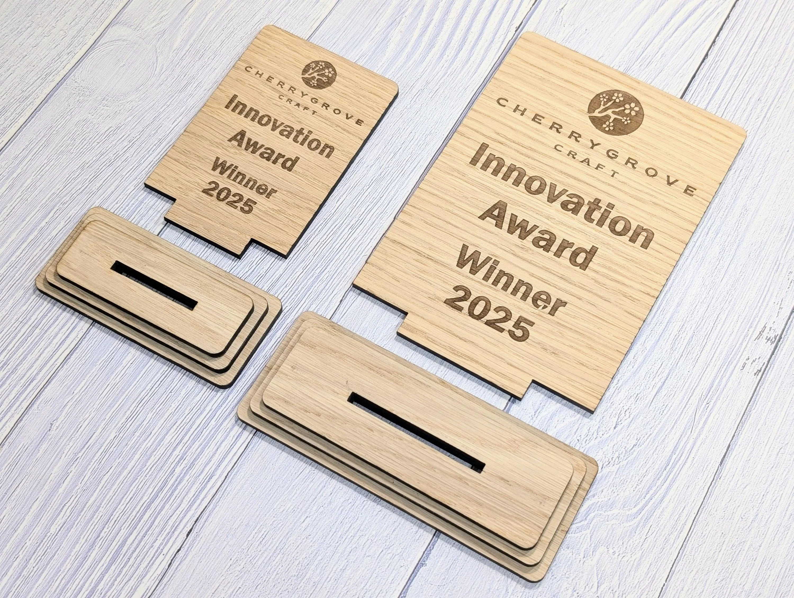 Freestanding Wooden Innovation Award Trophy – Custom Text and Logo – Oak Finish, Flat Pack – Business Awards, Eco Friendly Display, 2 Sizes - Image 8